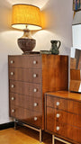 WALNUT FIVE-DRAWER HIGHBOY WITH LUCITE PULLS AND CHROME BASE