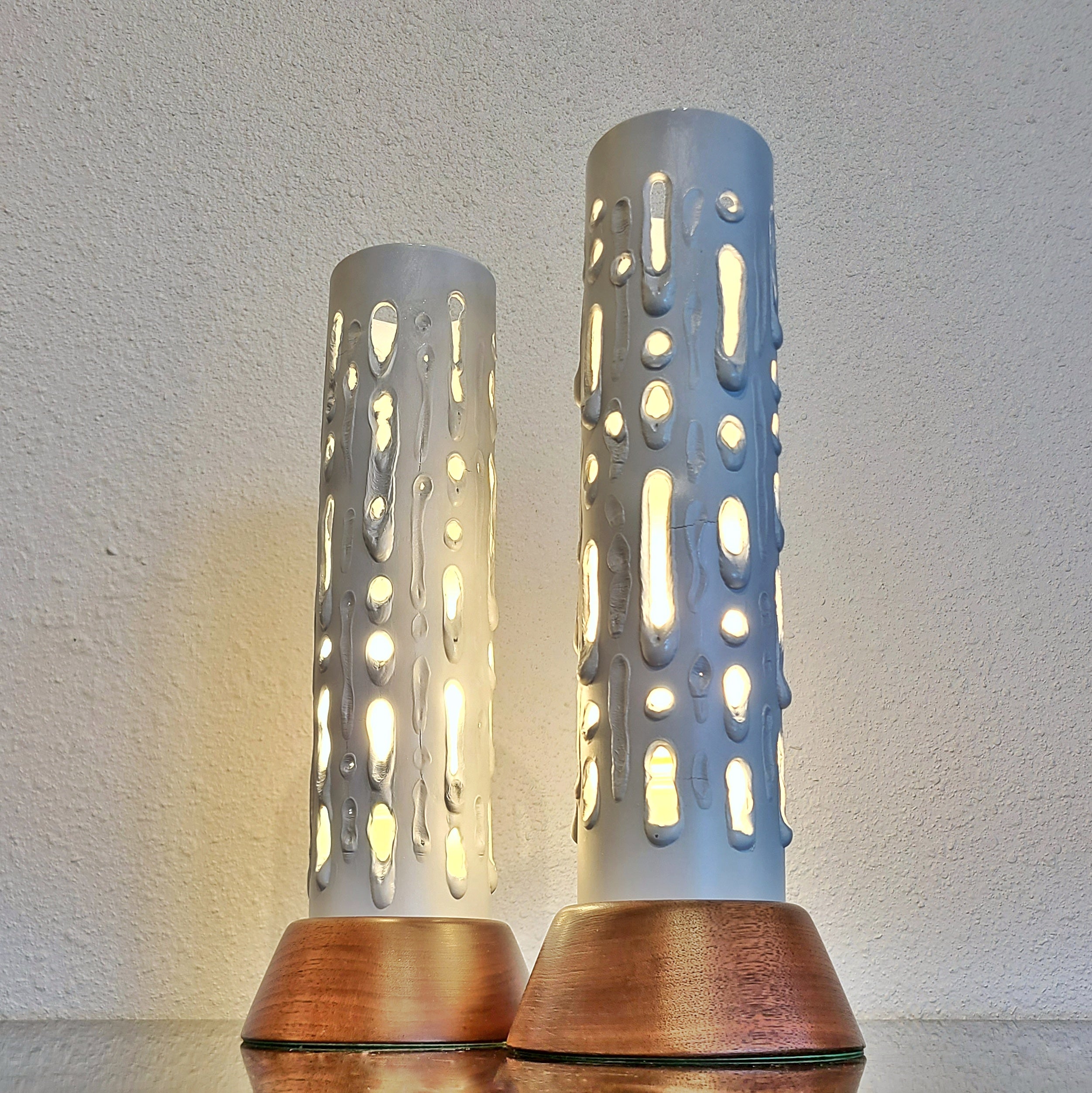 TUBULAR TORCH-CUT ALUMINUM AND WALNUT TABLE LAMPS