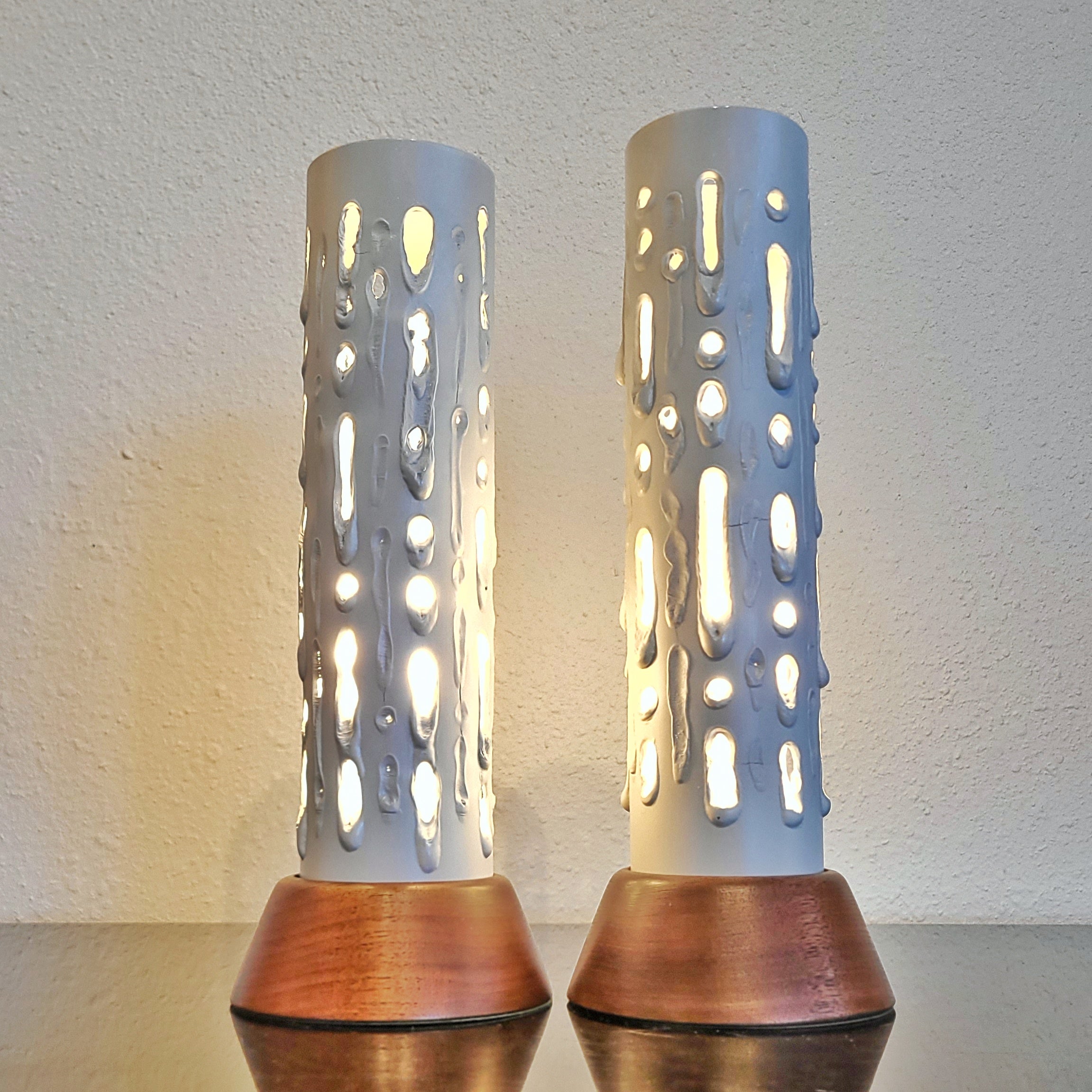 TUBULAR TORCH-CUT ALUMINUM AND WALNUT TABLE LAMPS