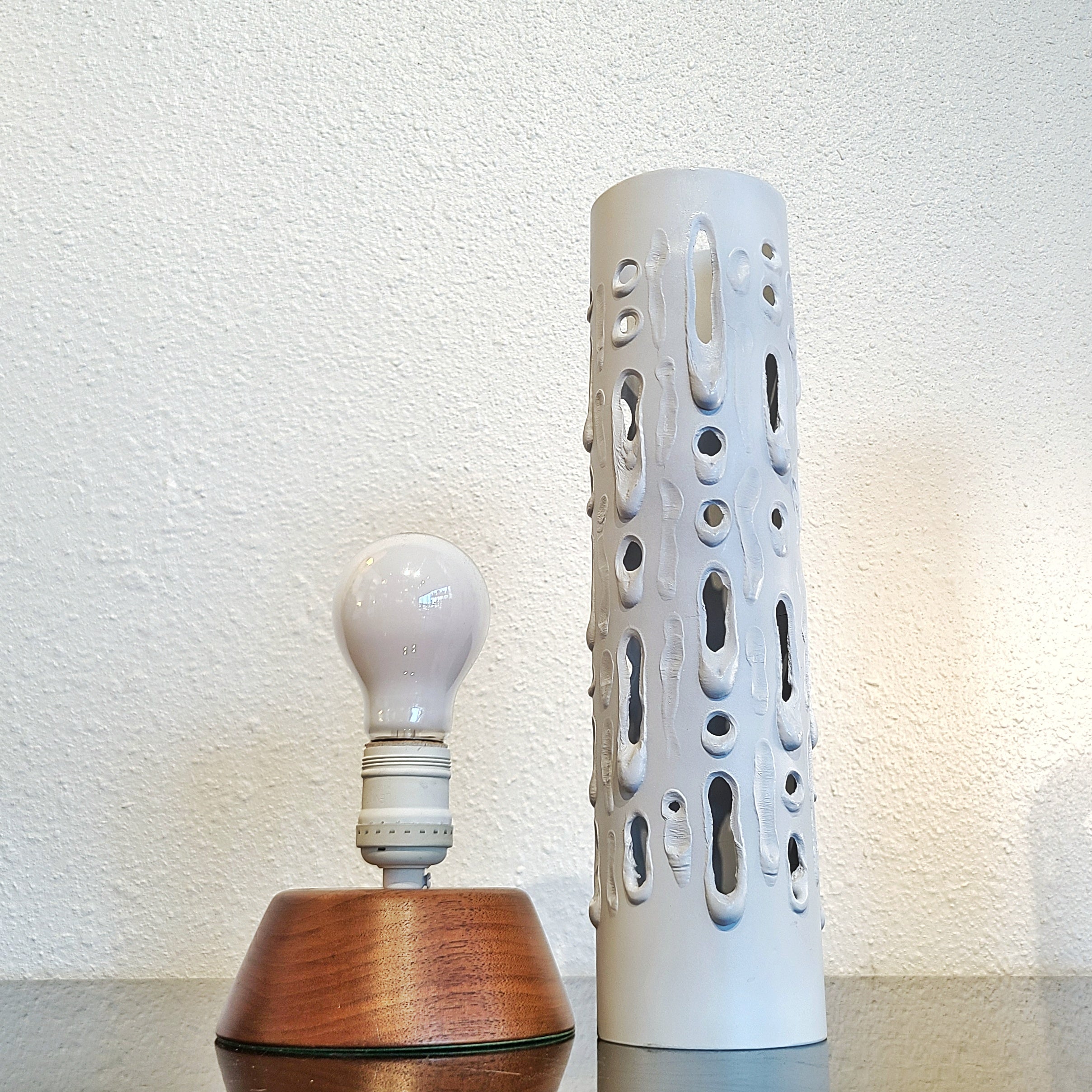 TUBULAR TORCH-CUT ALUMINUM AND WALNUT TABLE LAMPS