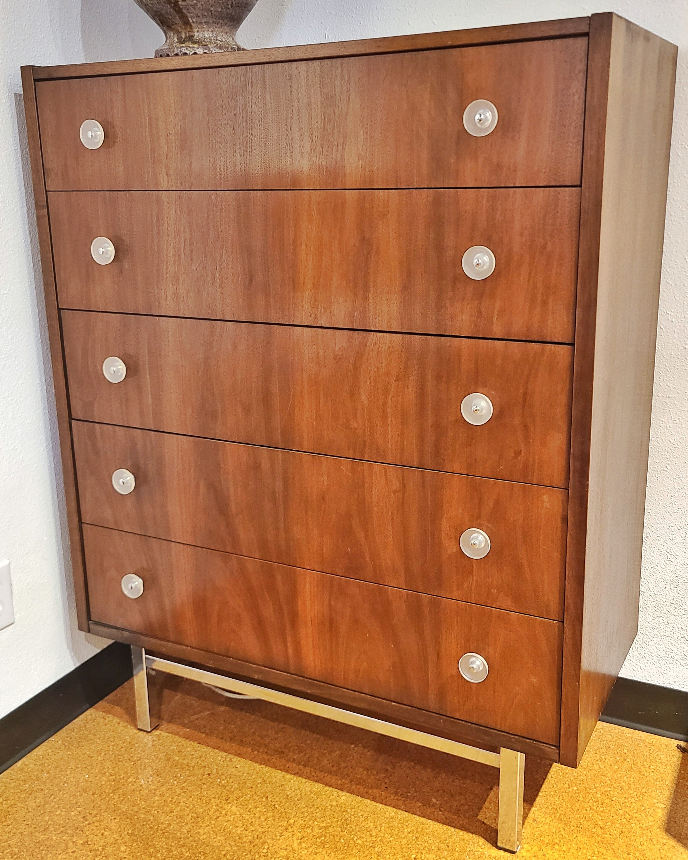 WALNUT FIVE-DRAWER HIGHBOY WITH LUCITE PULLS AND CHROME BASE