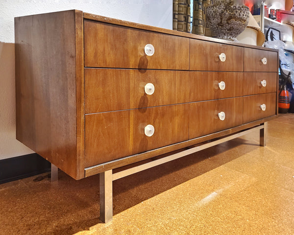 mid century modern dresser drawer pulls LOW WALNUT NINE-DRAWER DRESSER WITH LUCITE PULLS AND CHROME BASE – MODERN  REDUX