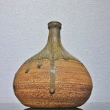 BULBOUS THIN NECKED STUDIO POTTERY VASE WITH GREEN DRIP