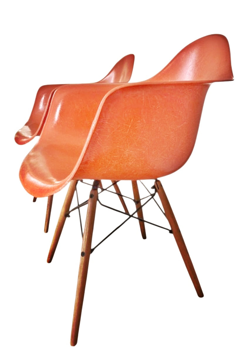ORANGE EAMES MOLDED FIBERGLASS ‘DAW’ ARMCHAIR WITH NEW DOWEL BASE (2 AVAILABLE)