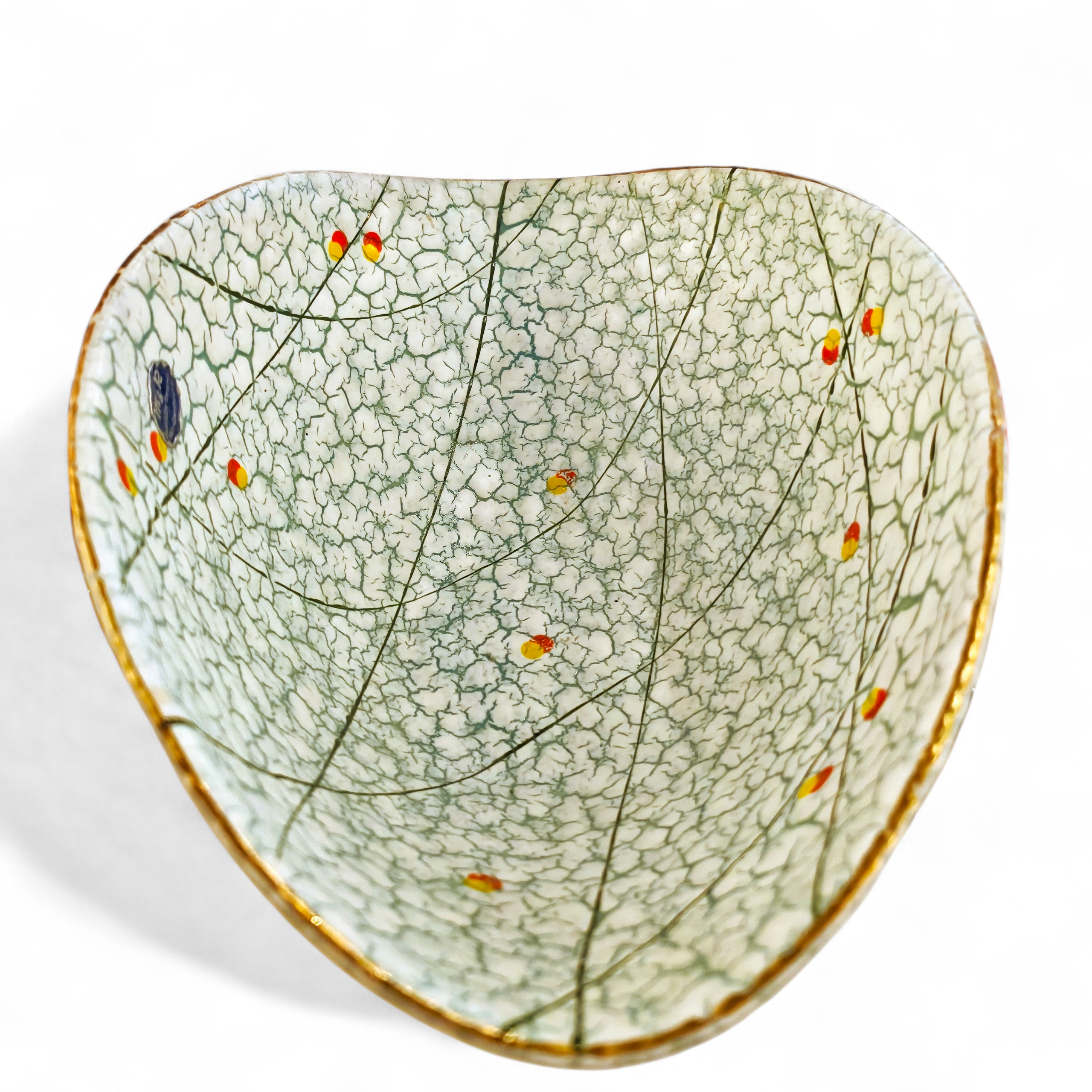 ’50s MARZI & REMY FOLDED BOWL WITH WHITE ON BLUE CRAWL GLAZE