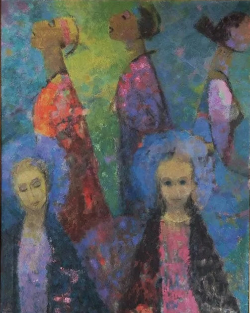 LARGE ATMOSPHERIC OIL ON CANVAS OF FIVE FEMALES BY MARTIN FRIEDMAN (1950s?)