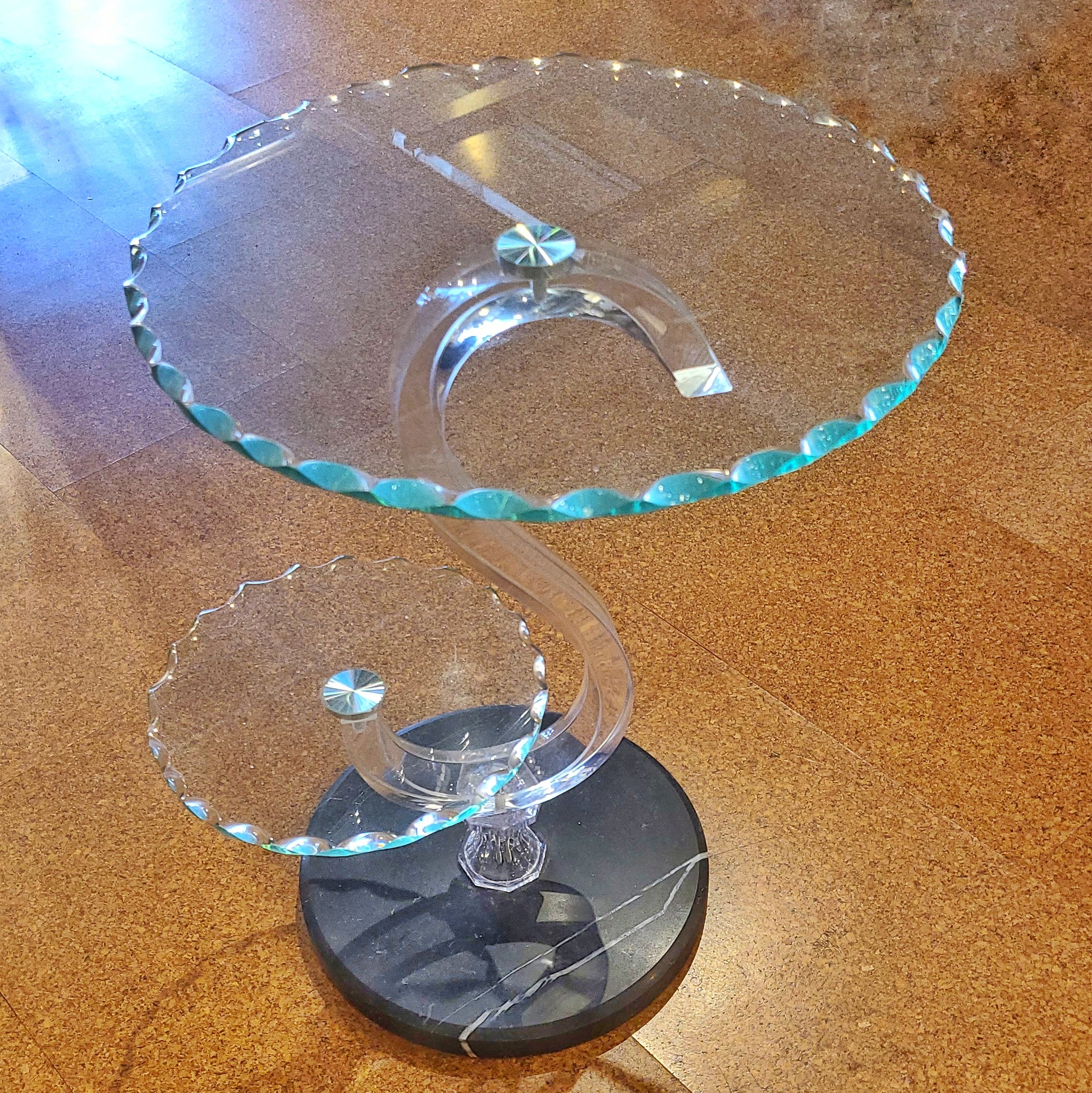 FONTANA ARTE STYLE SCALLOPED GLASS, LUCITE, AND MARBLE STEP TABLE