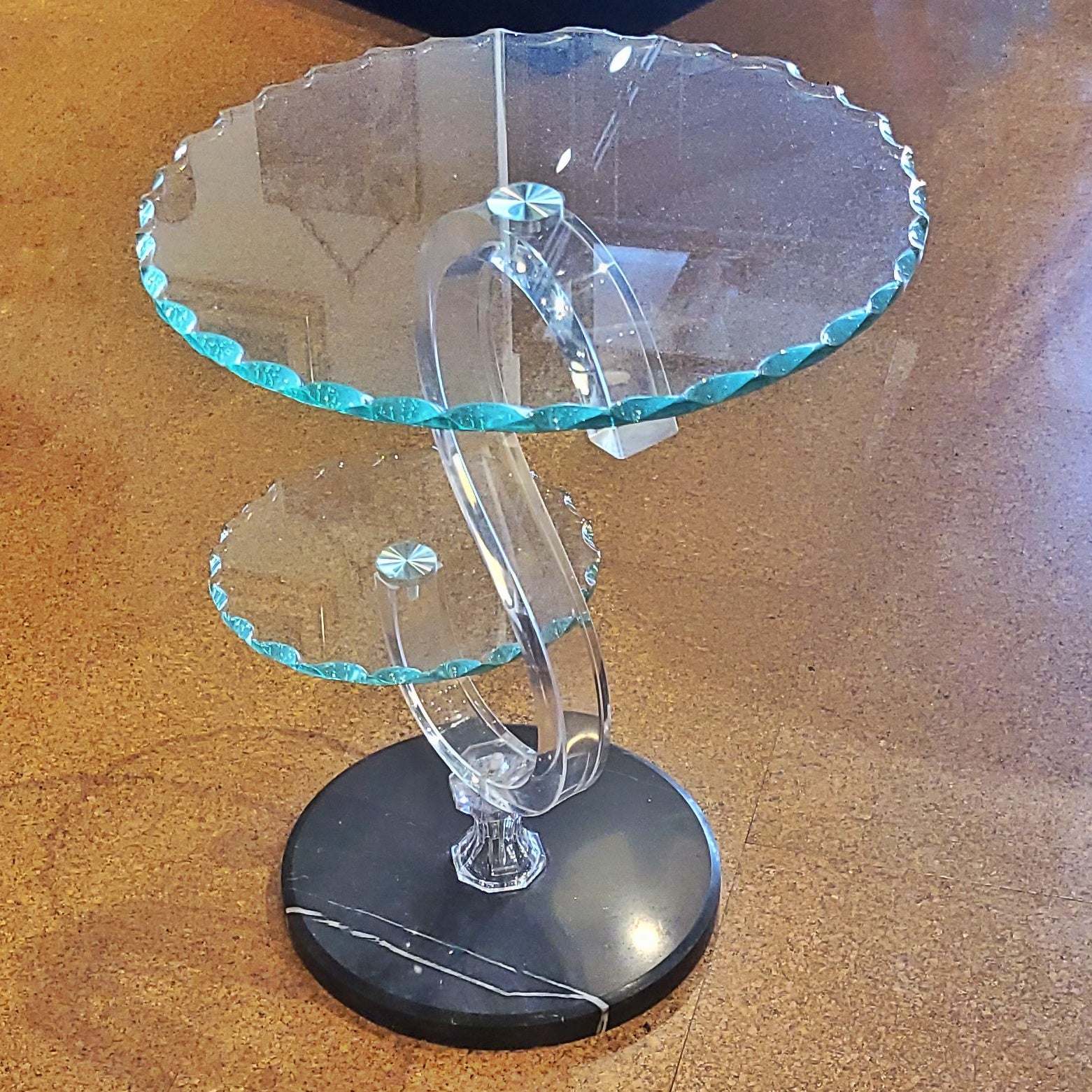 FONTANA ARTE STYLE SCALLOPED GLASS, LUCITE, AND MARBLE STEP TABLE