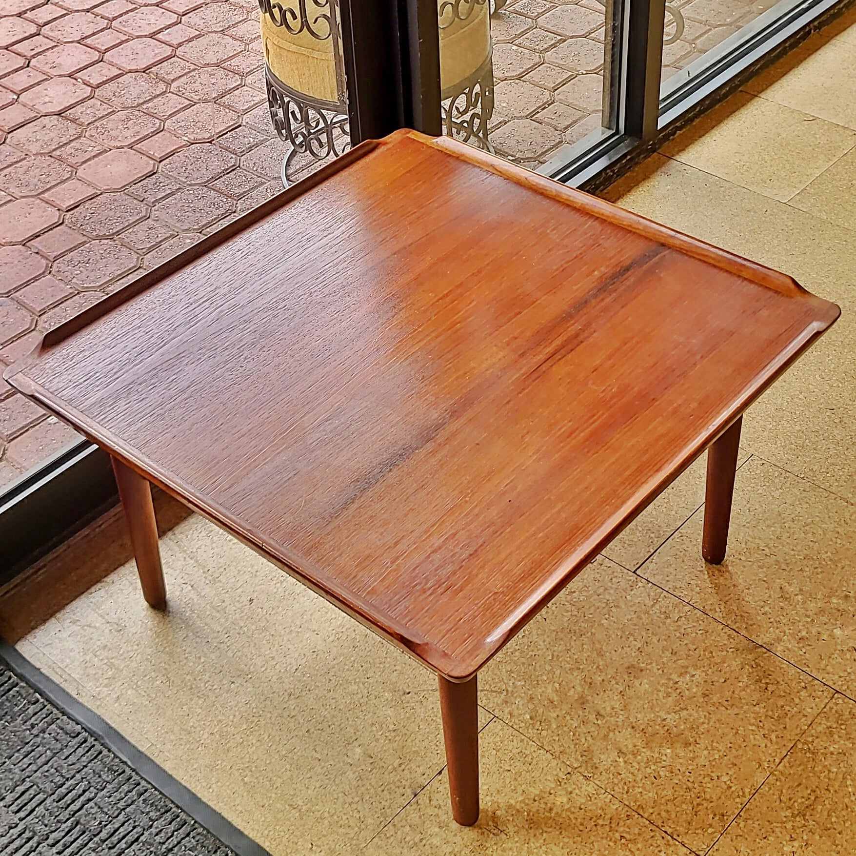 LARGE SQUARE DANISH MODERN TEAK SIDE TABLE WITH HAND-CANED LOWER SHELF