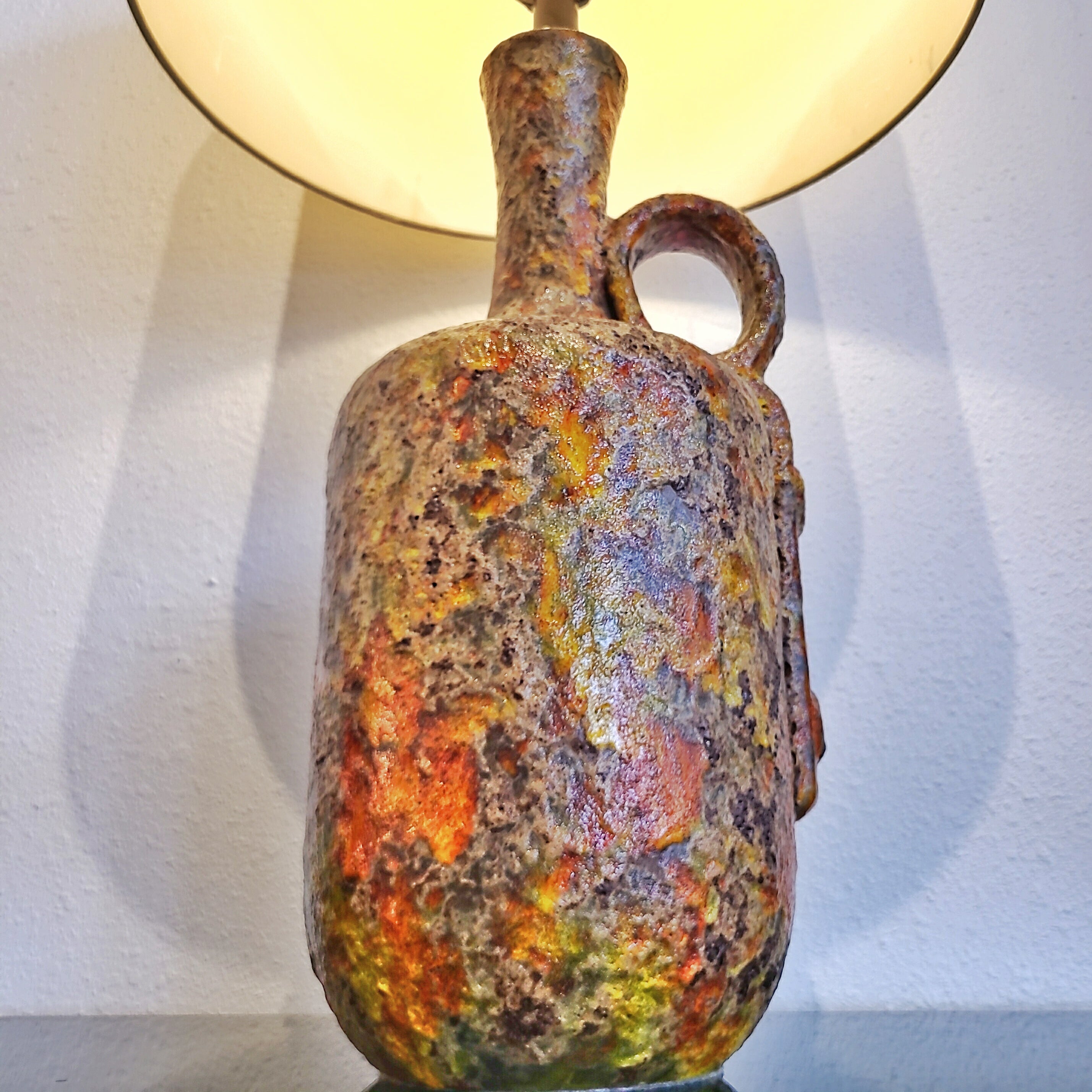 ’60s YELLOW, ORANGE, GREEN, AND BROWN FAT-LAVA TABLE LAMP