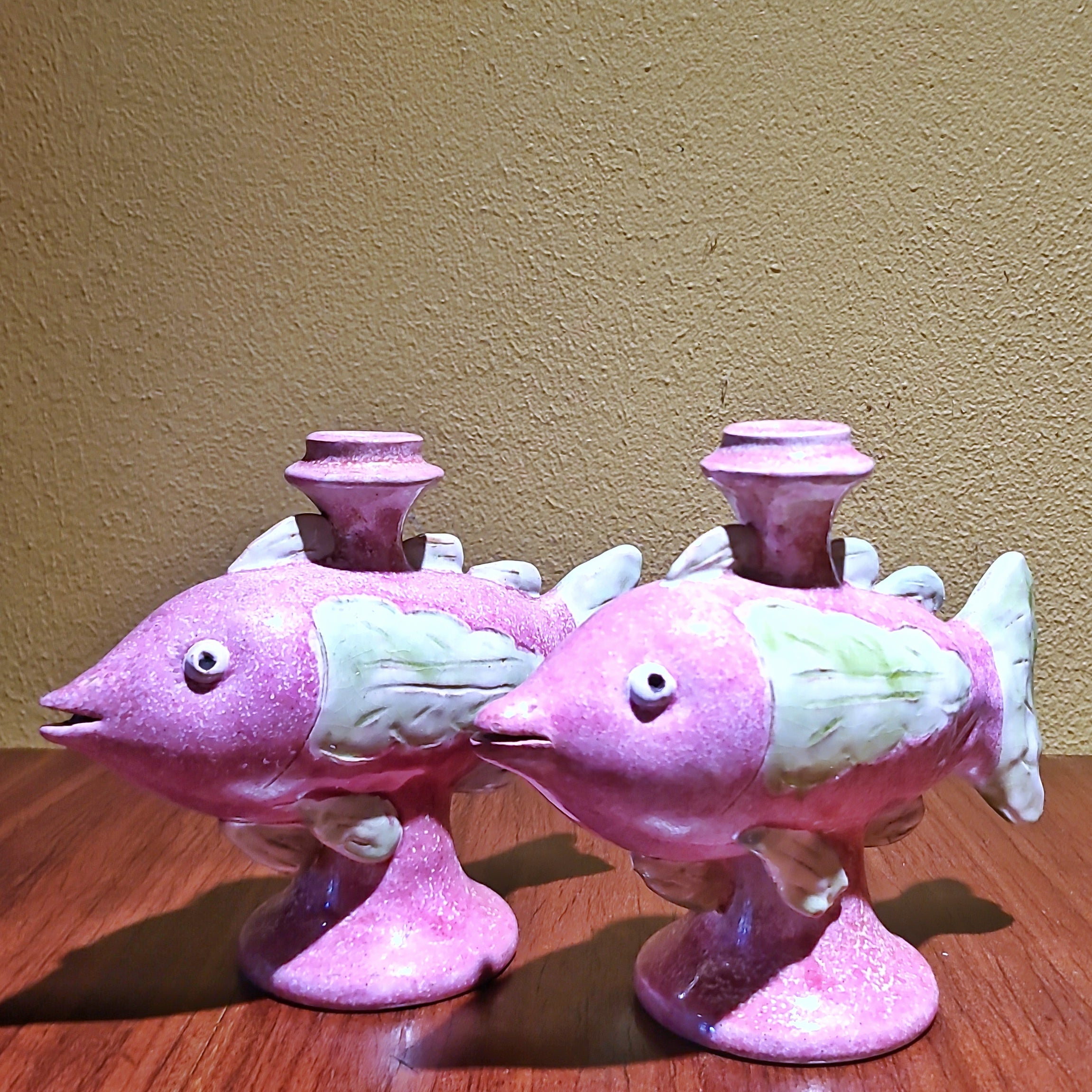 PINK & GREEN MAJOLICA FISH CANDLEHOLDERS BY ND DOLFI FOR NEIMAN MARCUS