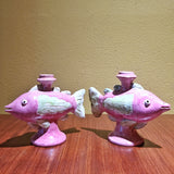 PINK & GREEN MAJOLICA FISH CANDLEHOLDERS BY ND DOLFI FOR NEIMAN MARCUS