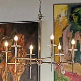 6-ARM CHROME CHANDELIER WITH FROSTED LUCITE BOBECHES