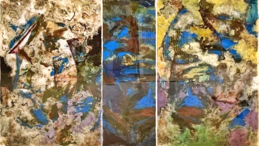 ABSTRACT TRIPTYCH - MIXED MEDIA ON HANDMADE PAPER SIGNED “KQ” (1970s)