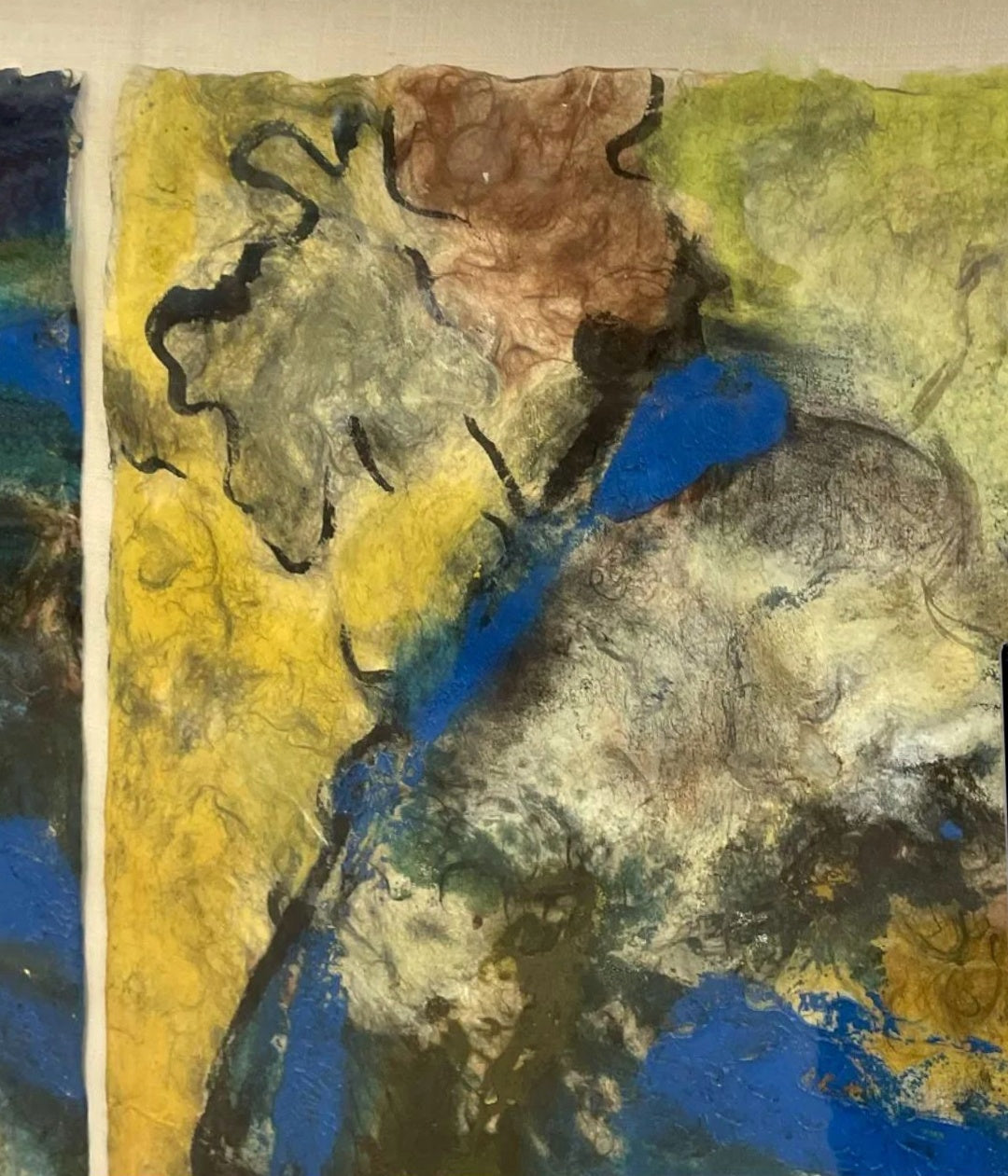 ABSTRACT TRIPTYCH - MIXED MEDIA ON HANDMADE PAPER SIGNED "KQ" (1970s)