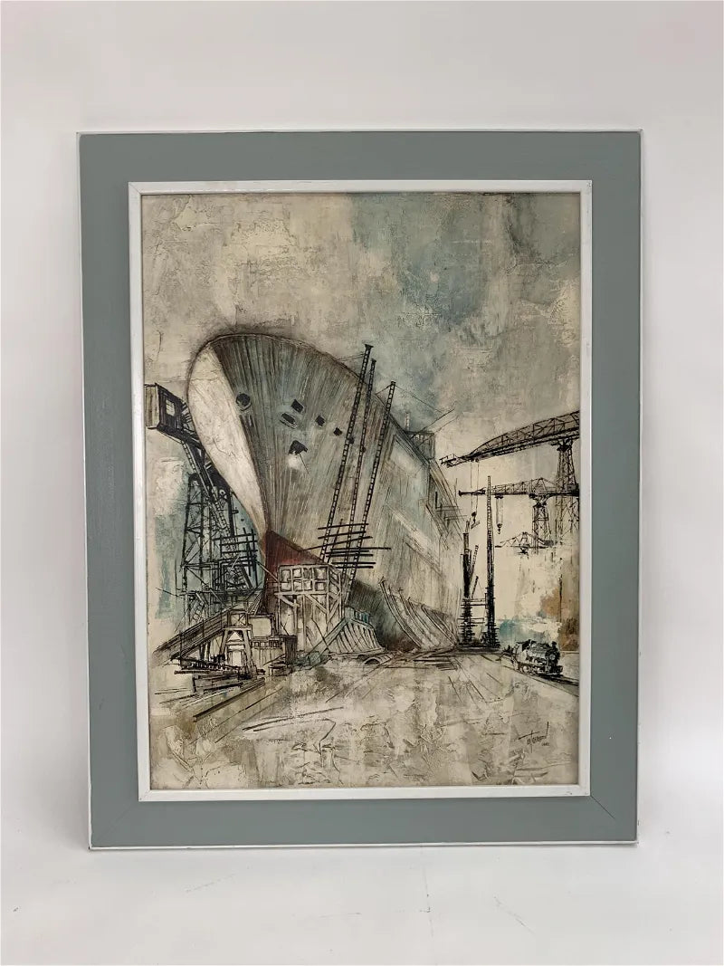 FREIGHTER IN DRY DOCK - OIL ON MASONITE BY W.T. CARLSEN (1967)