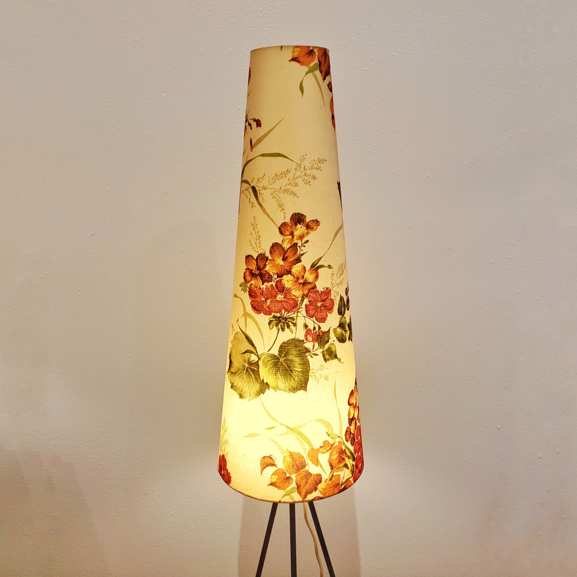 TRIPOD FLOOR LAMP WITH CONICAL FLORAL SHADE BY ARO-LEUCHTEN (GERMANY)