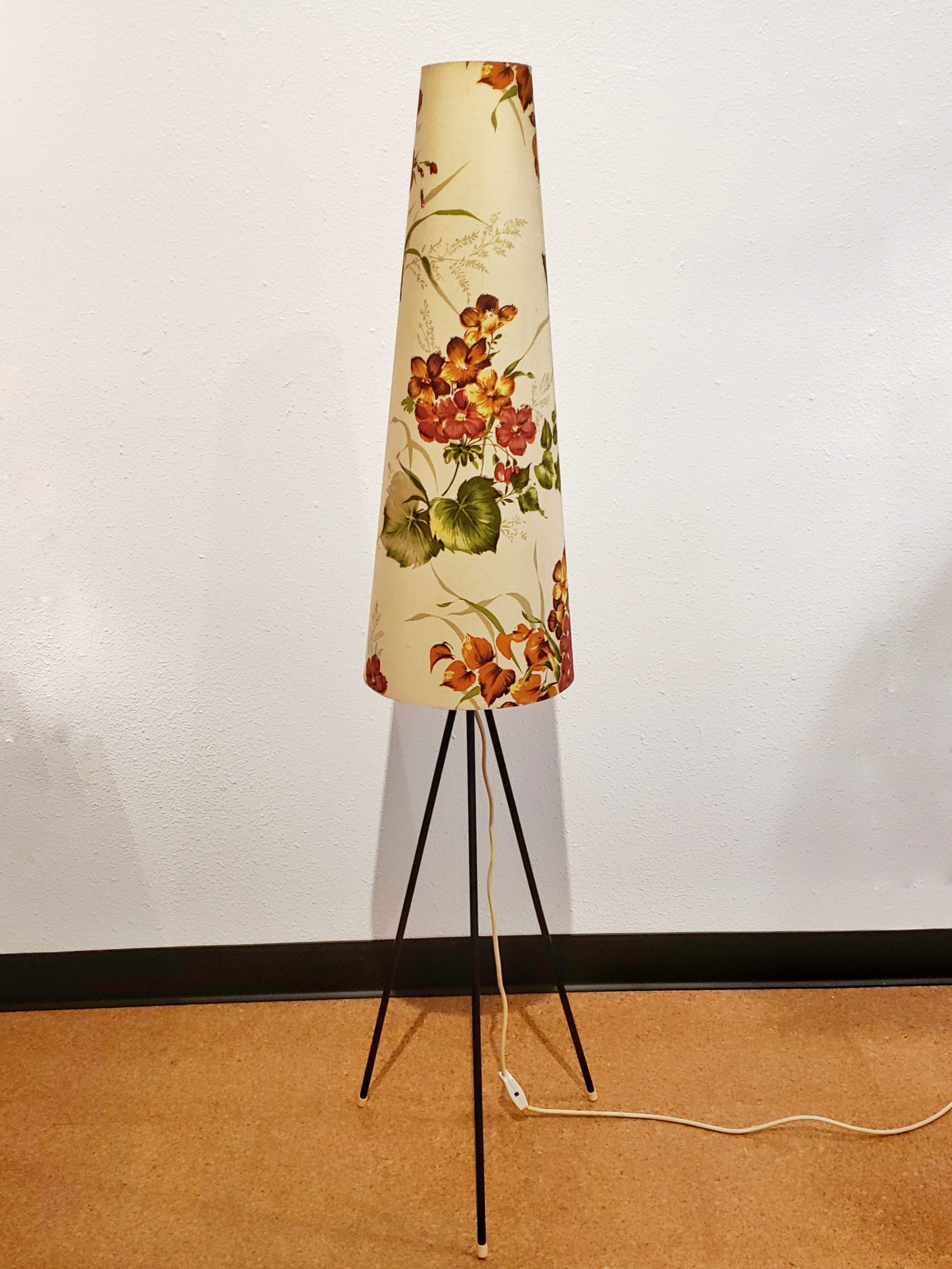 TRIPOD FLOOR LAMP WITH CONICAL FLORAL SHADE BY ARO-LEUCHTEN (GERMANY)