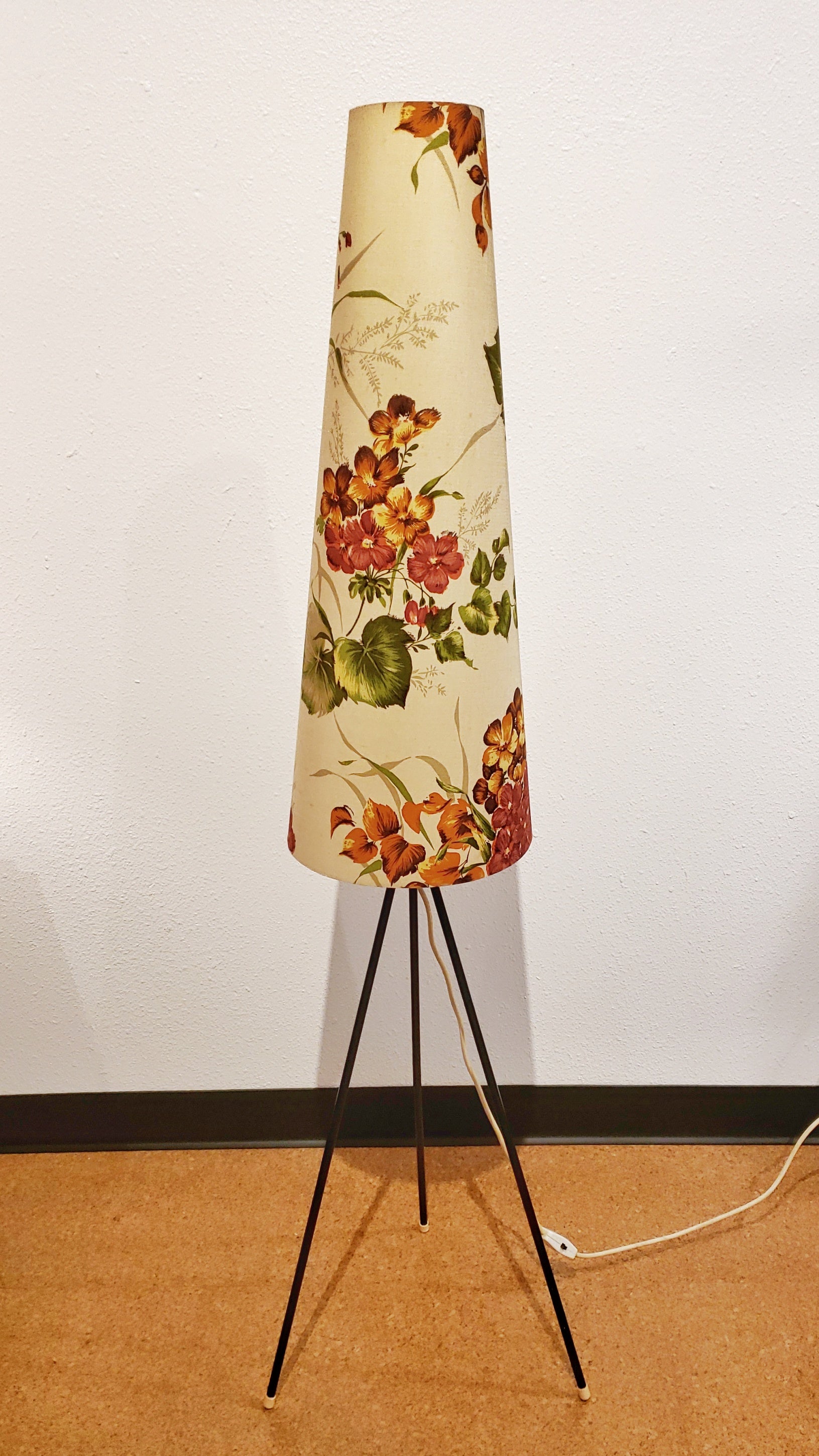 TRIPOD FLOOR LAMP WITH CONICAL FLORAL SHADE BY ARO-LEUCHTEN (GERMANY)