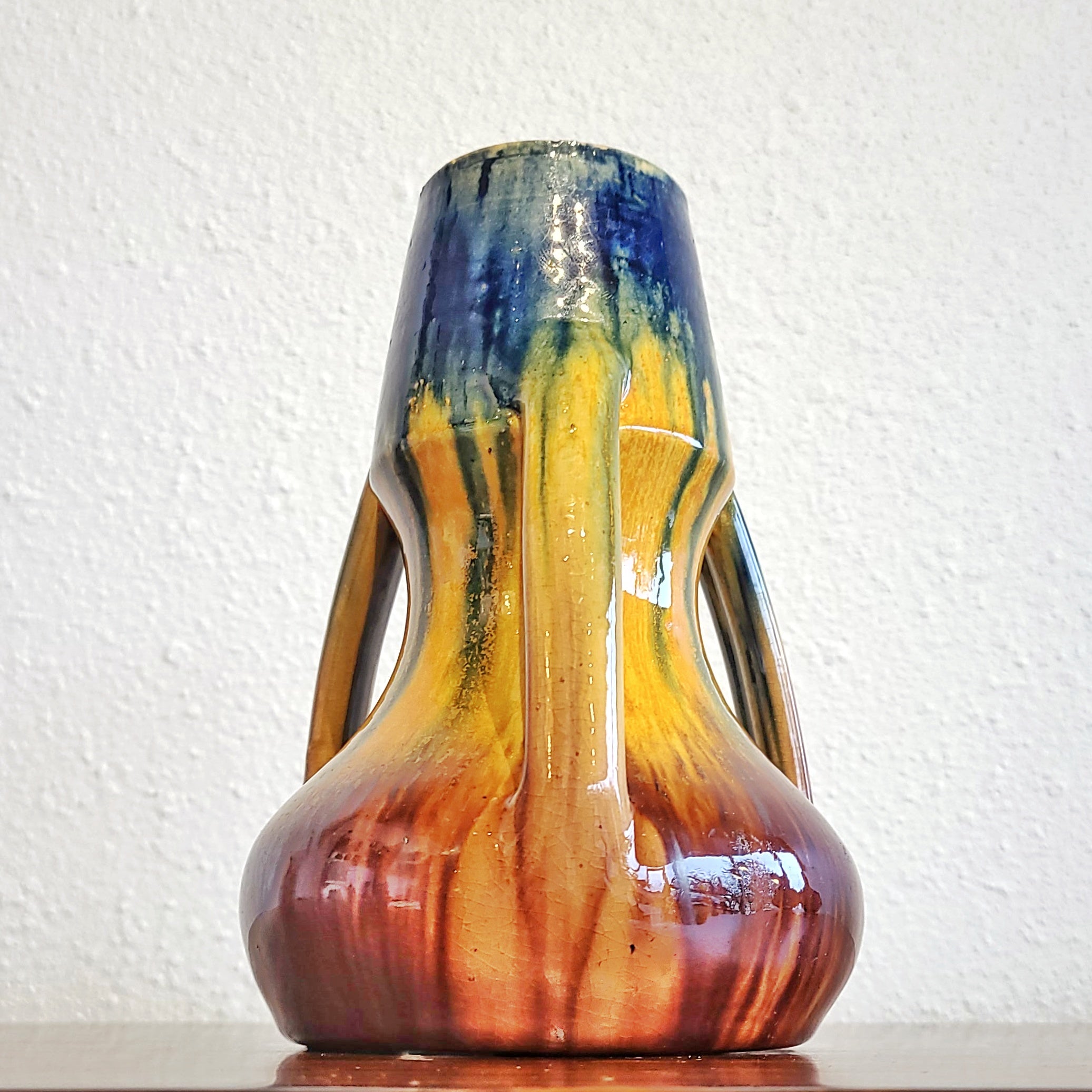 BELGIAN 3-HANDLED ART NOUVEAU DRIP-GLAZE VASE (c. 1900)