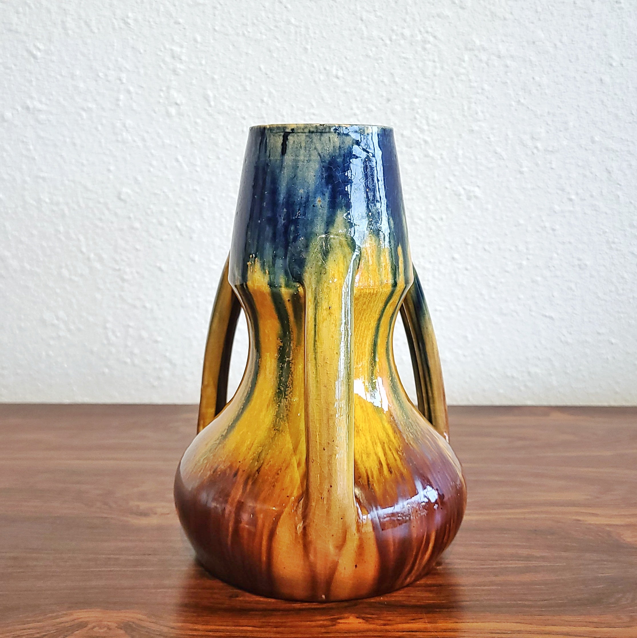 BELGIAN 3-HANDLED ART NOUVEAU DRIP-GLAZE VASE (c. 1900)