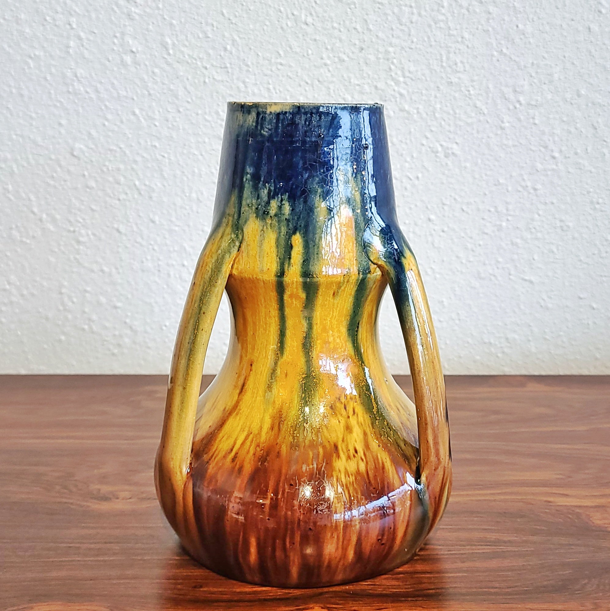 BELGIAN 3-HANDLED ART NOUVEAU DRIP-GLAZE VASE (c. 1900)