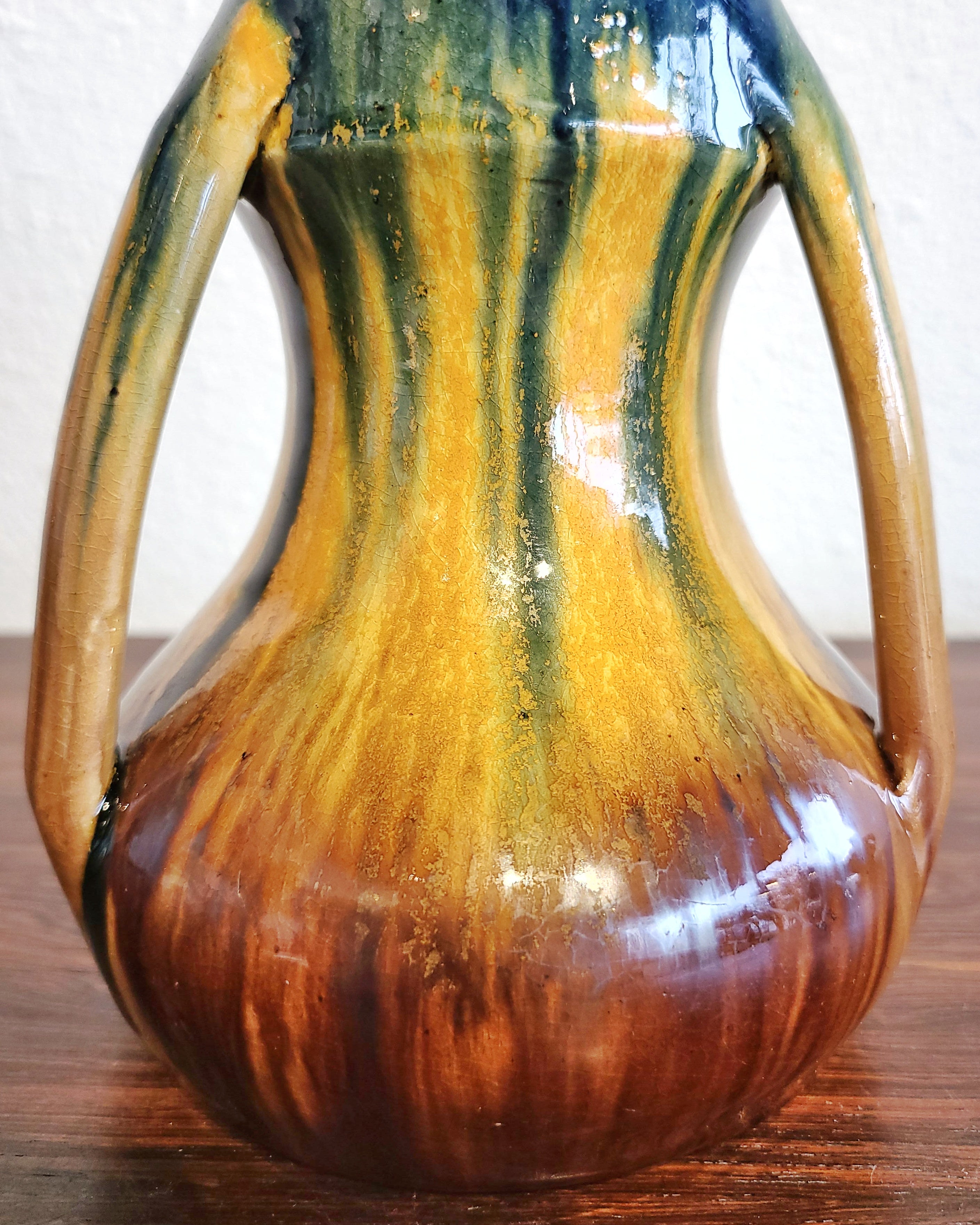 BELGIAN 3-HANDLED ART NOUVEAU DRIP-GLAZE VASE (c. 1900)