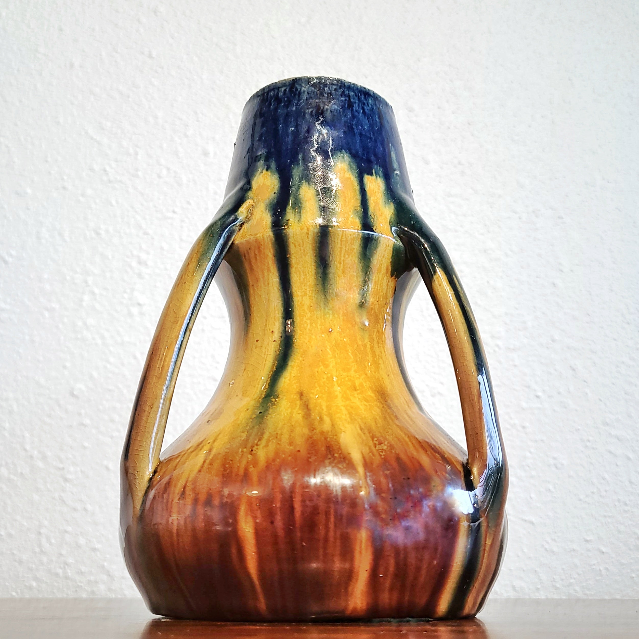 BELGIAN 3-HANDLED ART NOUVEAU DRIP-GLAZE VASE (c. 1900)