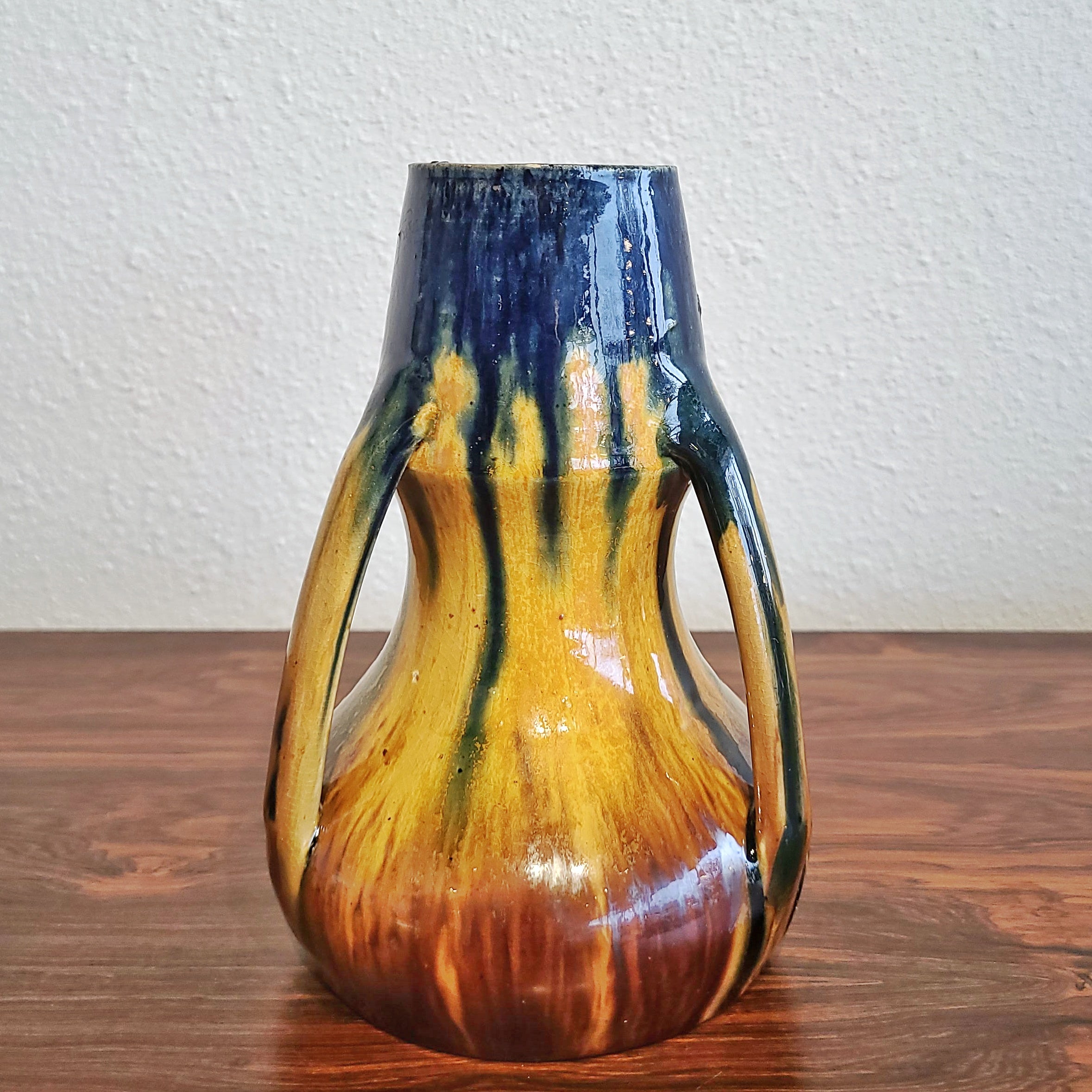 BELGIAN 3-HANDLED ART NOUVEAU DRIP-GLAZE VASE (c. 1900)