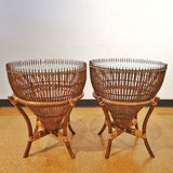RATTAN AND GLASS ‘FISH-TRAP’ SIDE TABLES IN THE STYLE OF FRANCO ALBINI
