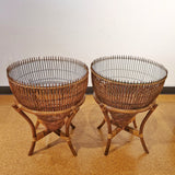 RATTAN AND GLASS 'FISH-TRAP' SIDE TABLES IN THE STYLE OF FRANCO ALBINI