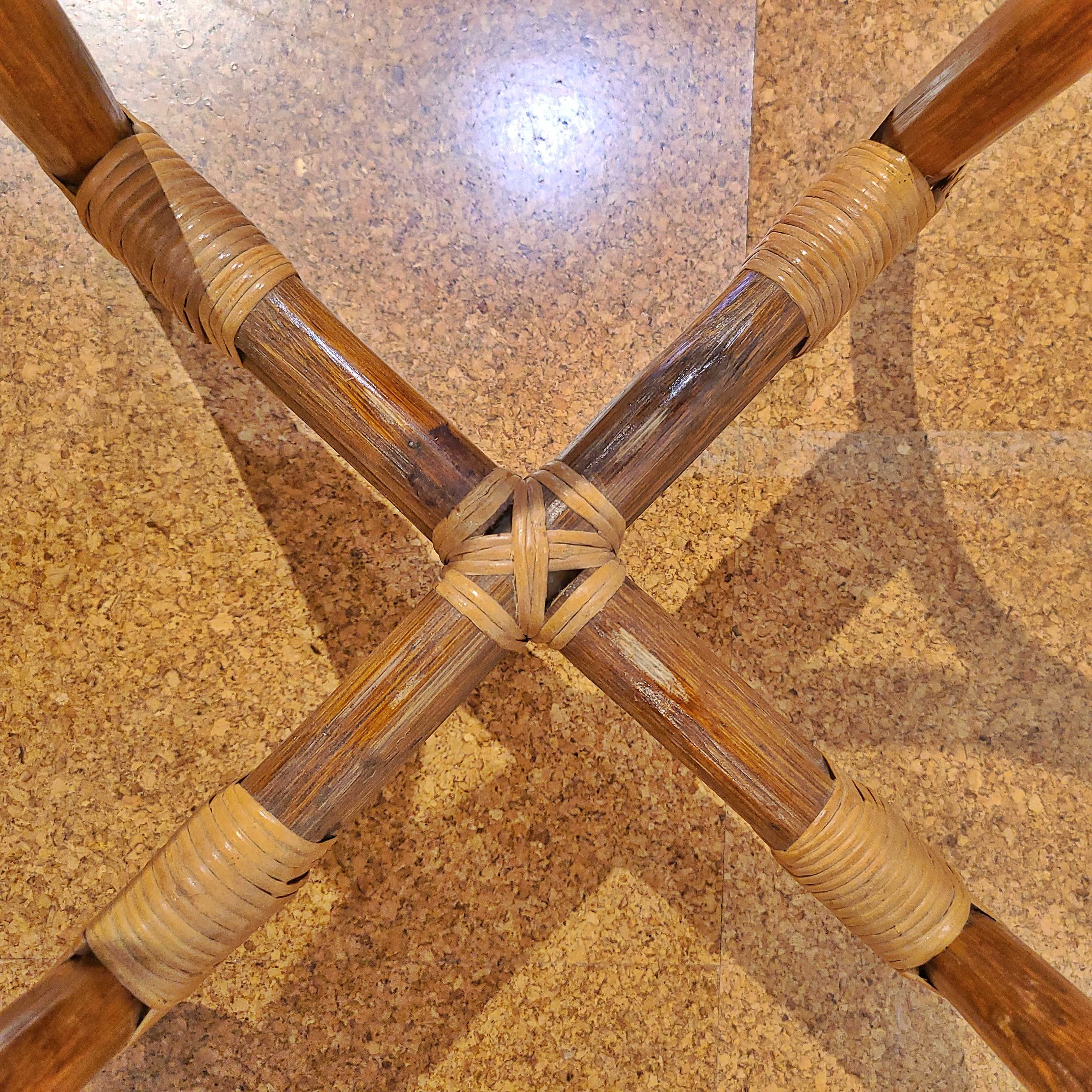 RATTAN AND GLASS “FISH-TRAP” SIDE TABLES IN THE STYLE OF FRANCO ALBINI