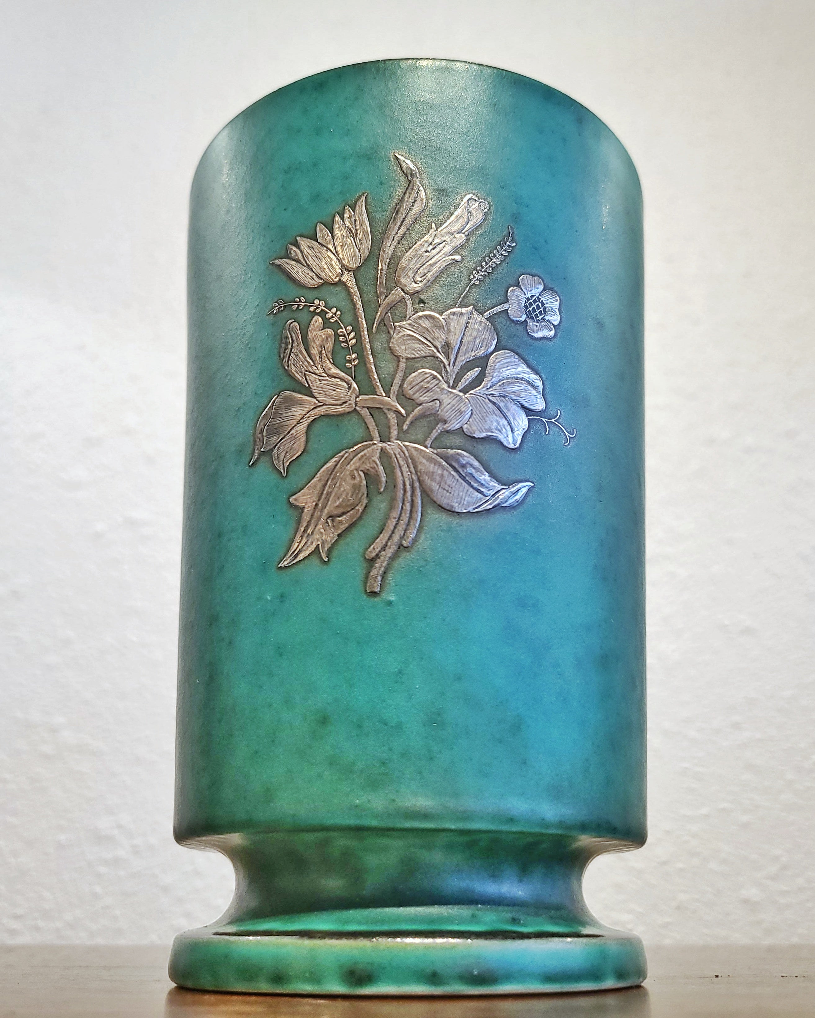 FOOTED ‘ARGENTA’ VASE WITH SILVER OVERLAY BY WILHELM KÅGE FOR GUSTAVSBERG
