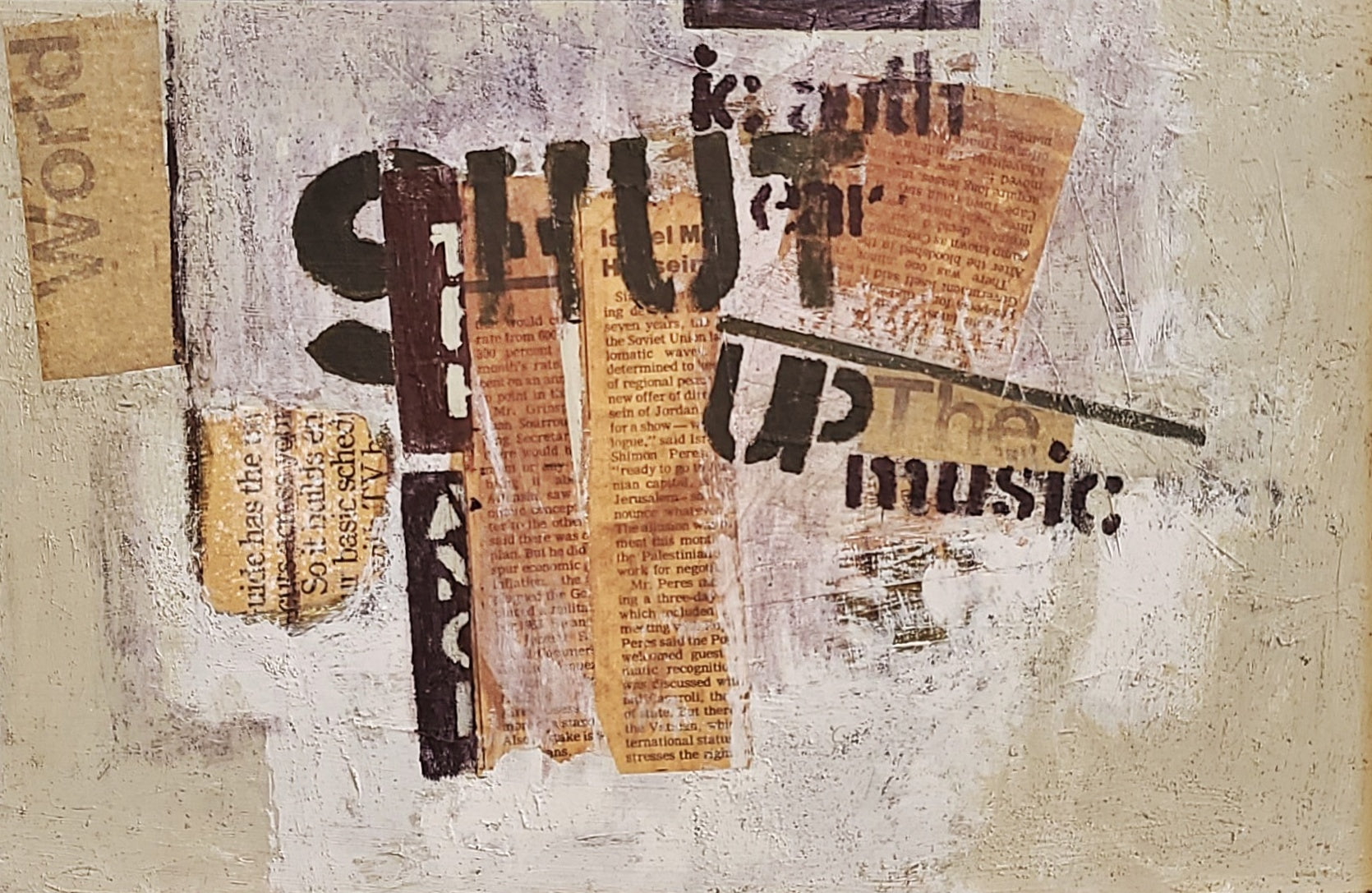 ‘SHUT UP THE MUSIC’ MIXED MEDIA COLLAGE ON MASONITE BY RAY SMITH (1980s)