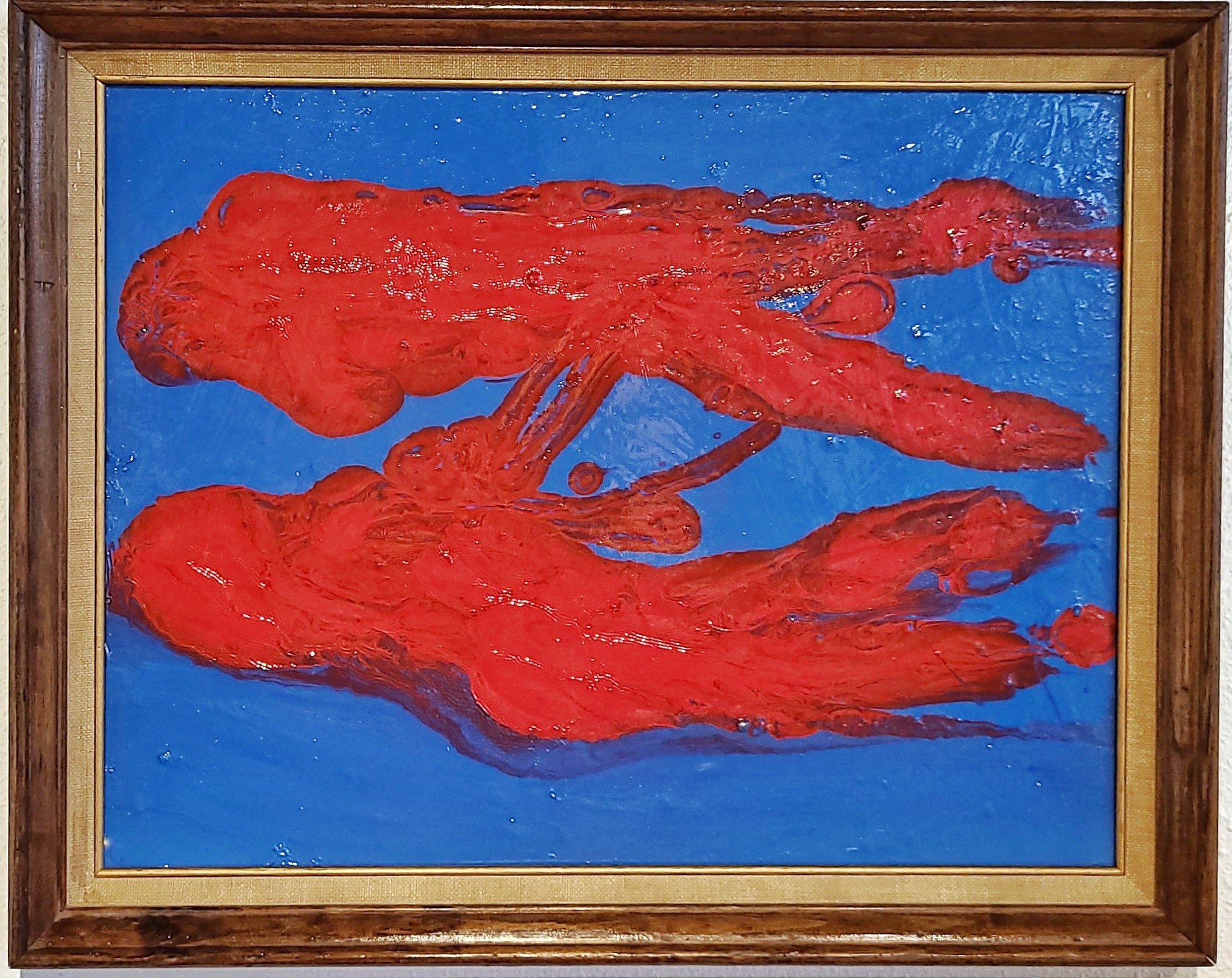 RED ON BLUE ABSTRACT OIL ON BOARD PAINTING BY PULGINI