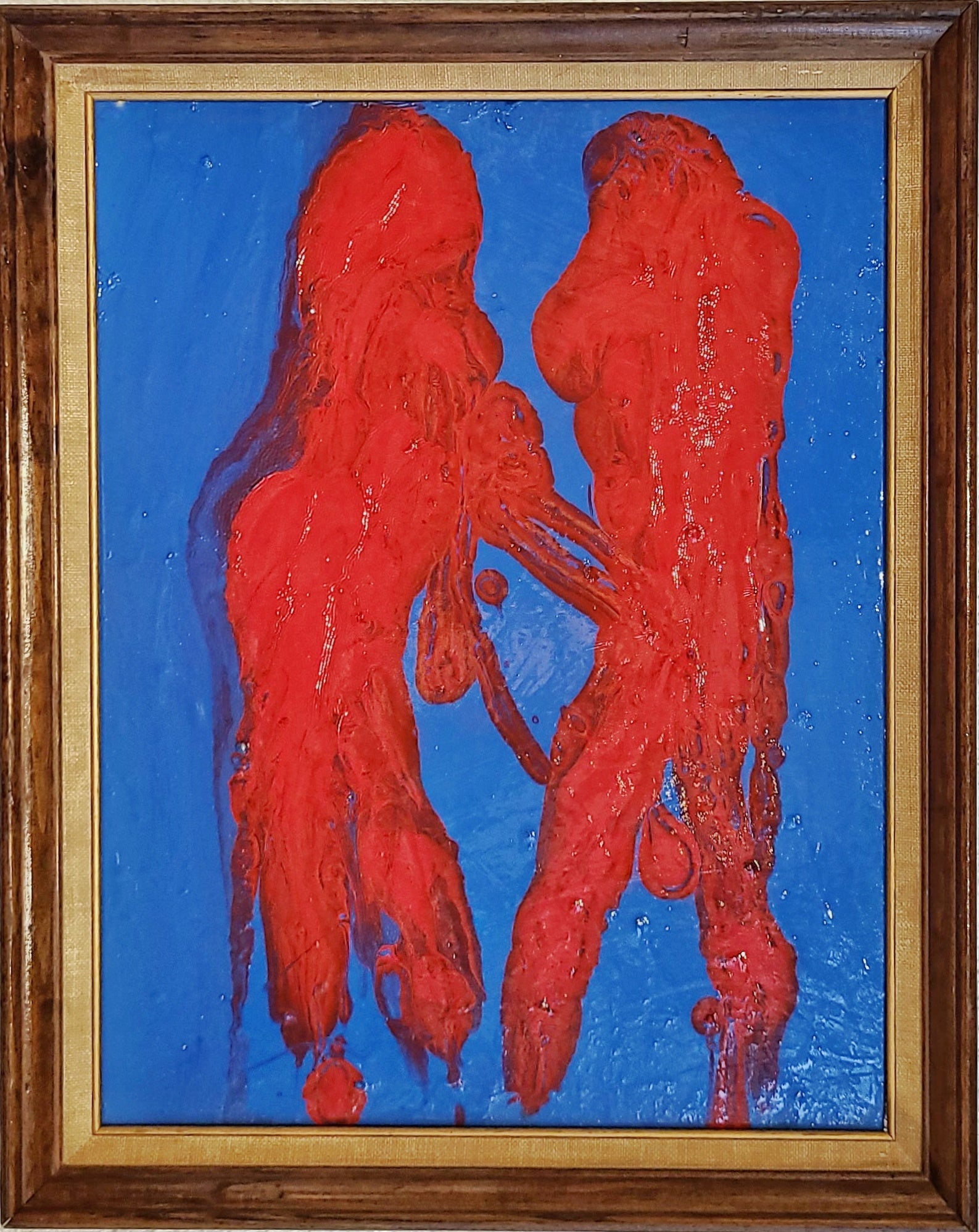 RED ON BLUE ABSTRACT OIL ON BOARD PAINTING BY PULGINI