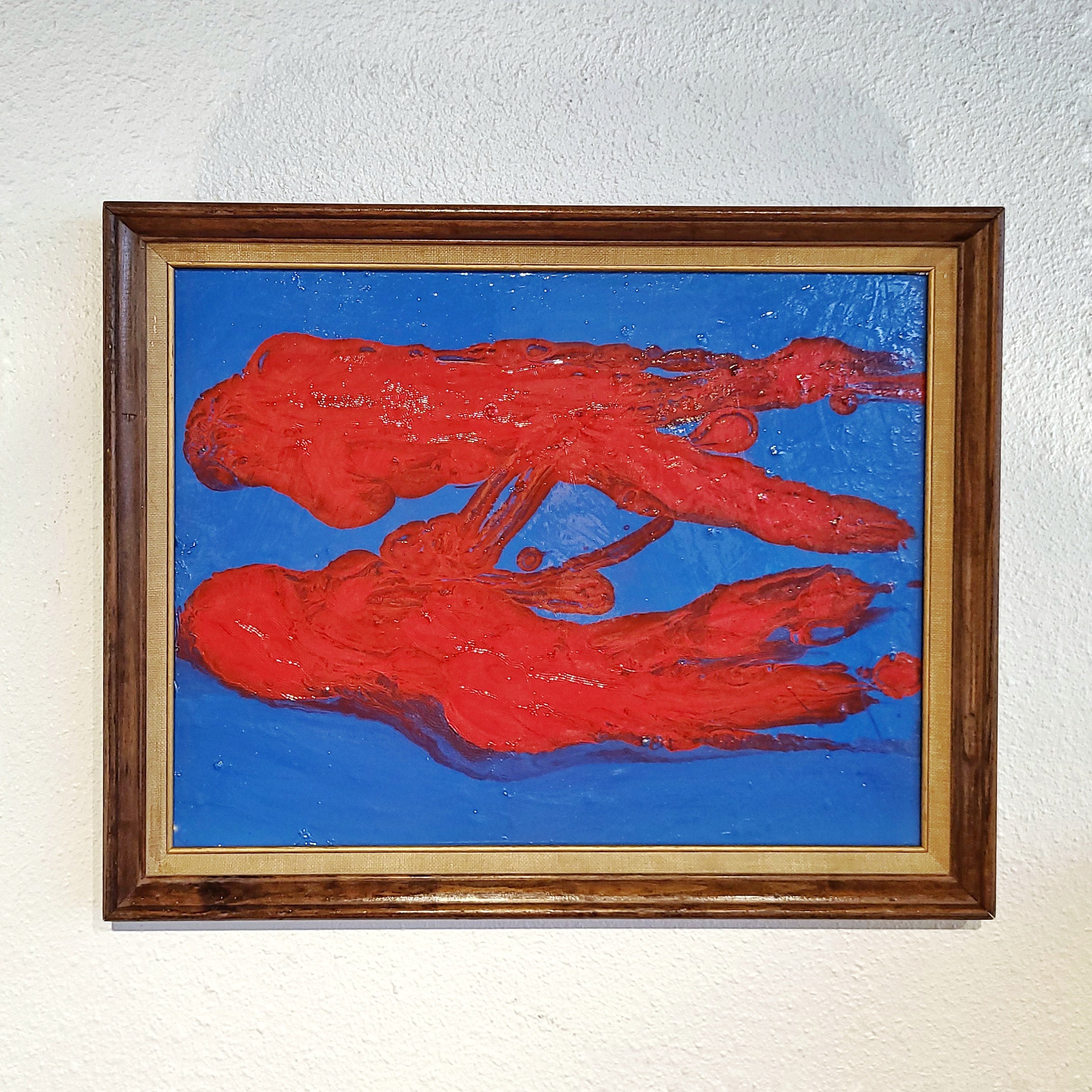 RED ON BLUE ABSTRACT OIL ON BOARD PAINTING BY PULGINI