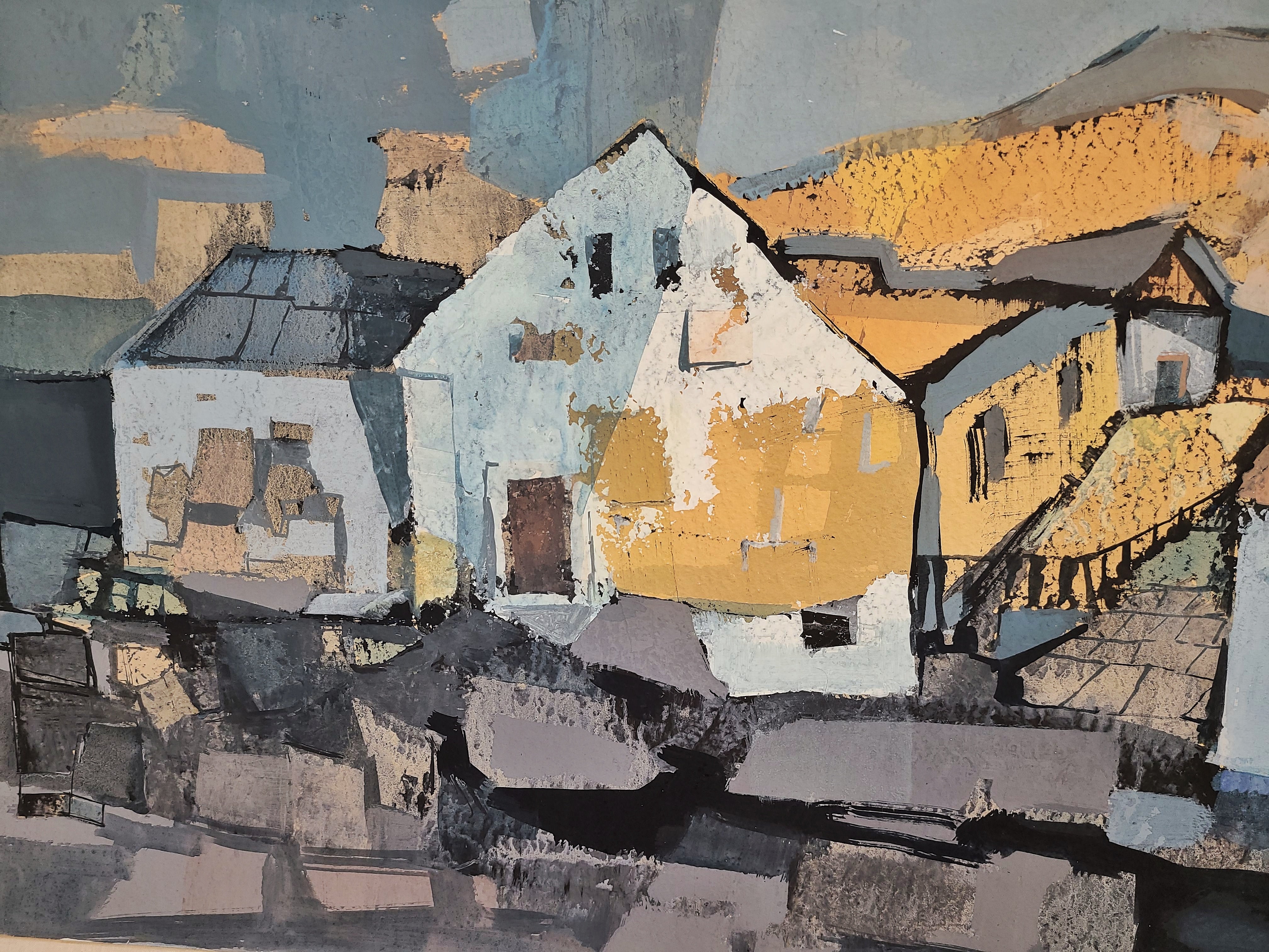 ‘HOUSES  IN THE HILLS’ BY STEFAN LÖKÖS MIXED MEDIA LANDSCAPE ON PAPER