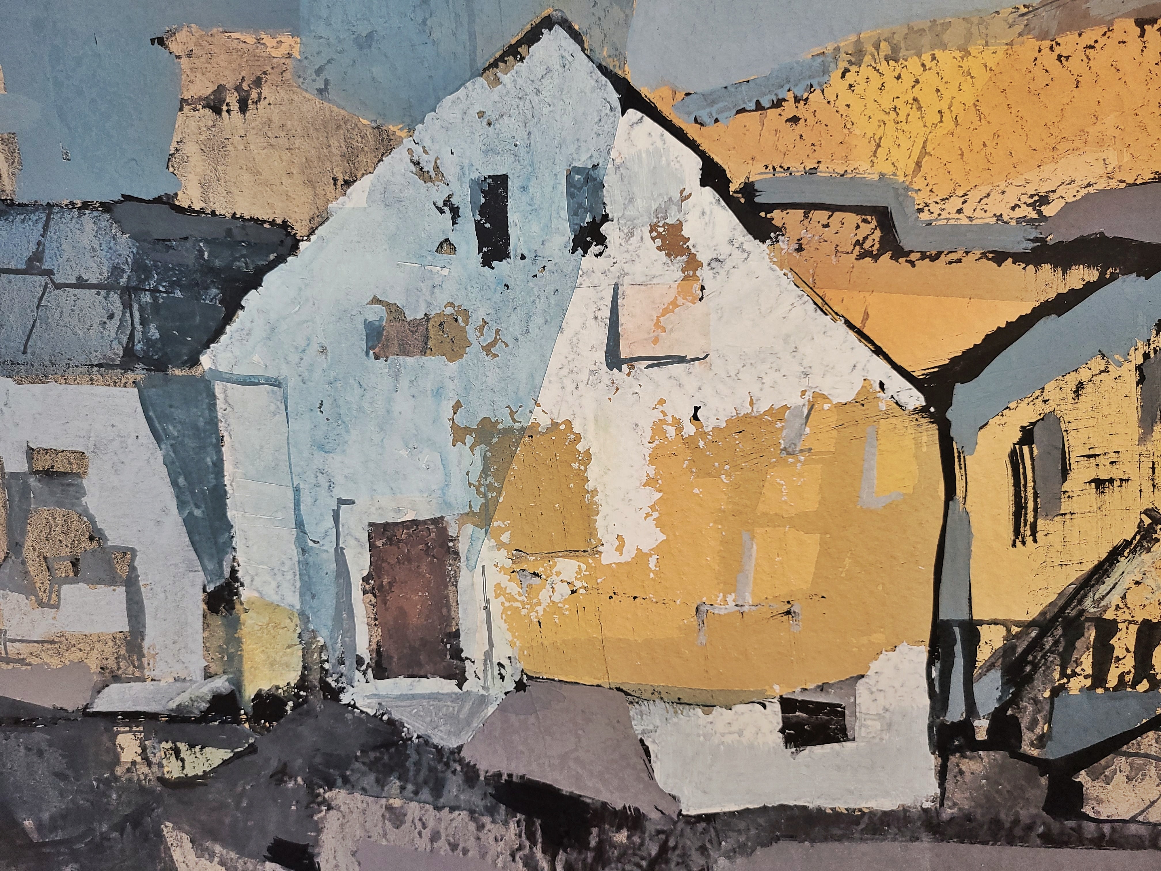 ‘HOUSES  IN THE HILLS’ BY STEFAN LÖKÖS MIXED MEDIA LANDSCAPE ON PAPER