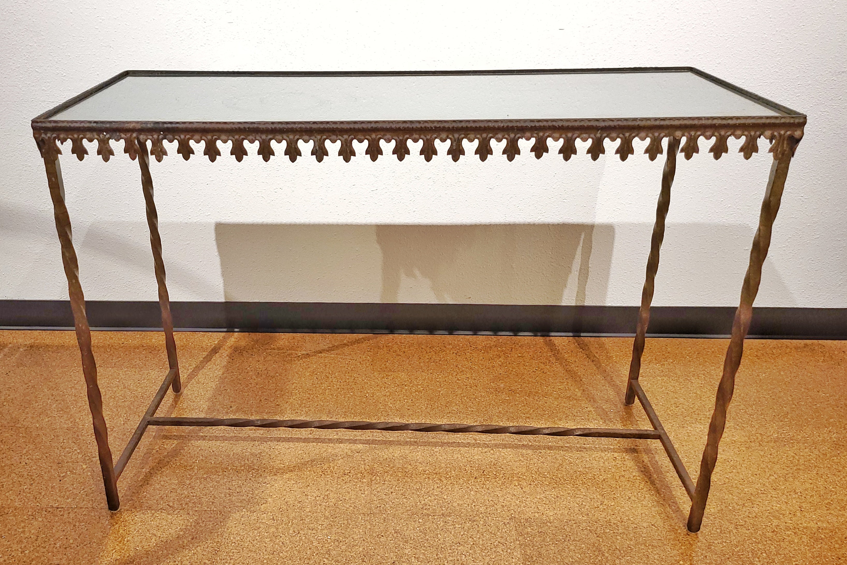 DISTRESSED ANTIQUE FRENCH ART NOUVEAU WROUGHT IRON AND GLASS CONSOLE TABLE