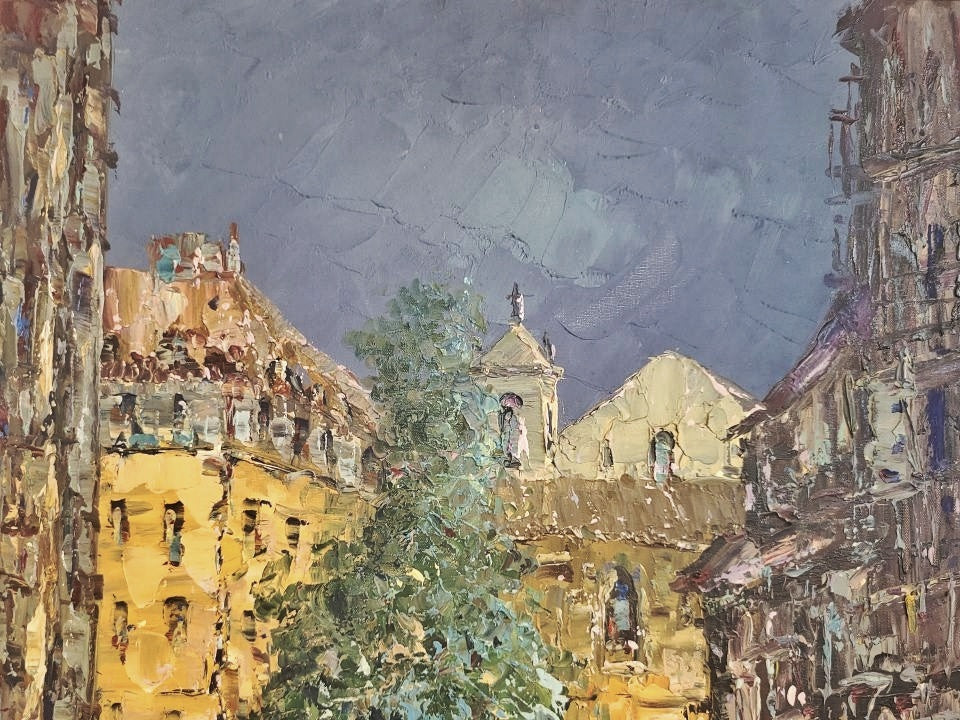 RUA DA PALMA/IGREJA DE SÂO DOMINGOS - OIL ON CANVAS BY GOMES MARTINS (1969)