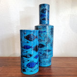 TALL BLUE CYLINDER VASE WITH FISHES BY ALDO LONDI FOR BITOSSI (ITALIAN)-B