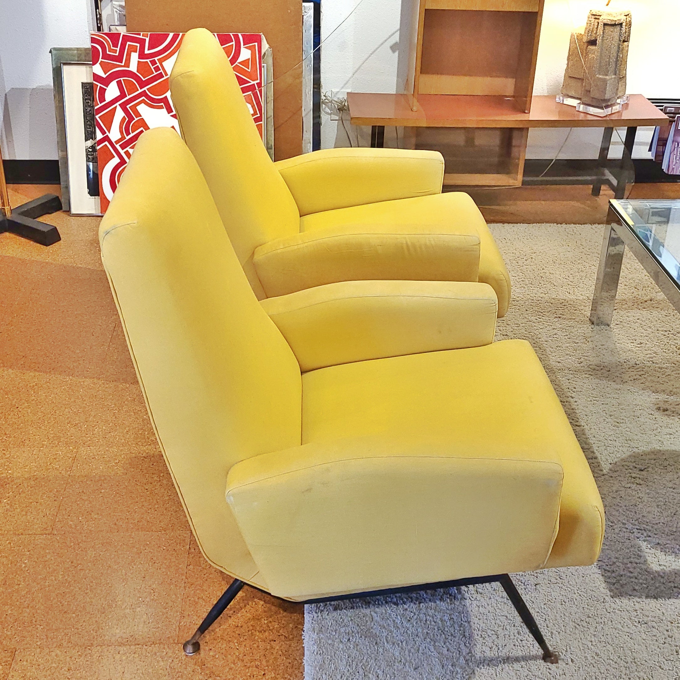 YELLOW ITALIAN LOUNGE CHAIRS ON BLACK ENAMELED STEEL LEGS