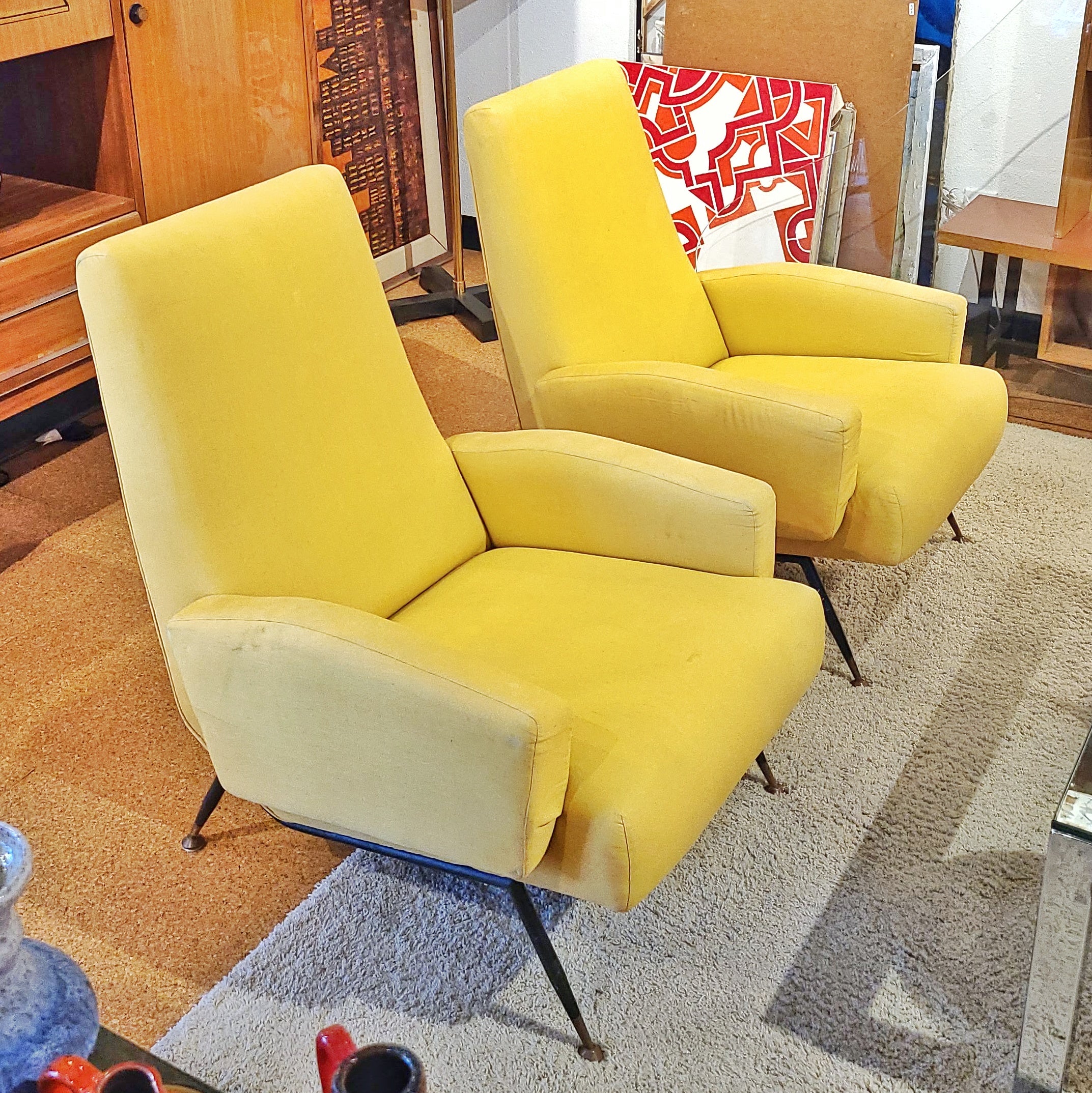 YELLOW ITALIAN LOUNGE CHAIRS ON BLACK ENAMELED STEEL LEGS