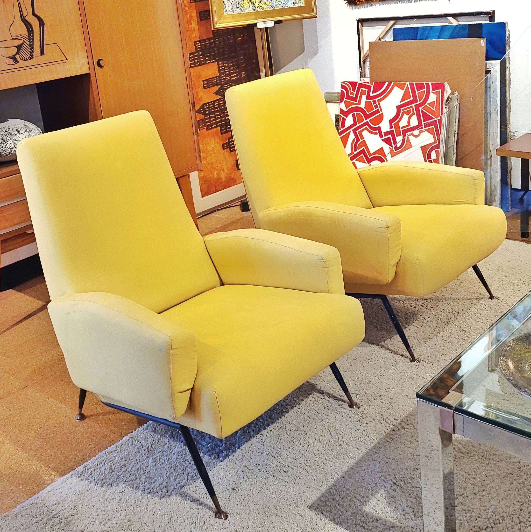 YELLOW ITALIAN LOUNGE CHAIRS ON BLACK ENAMELED STEEL LEGS