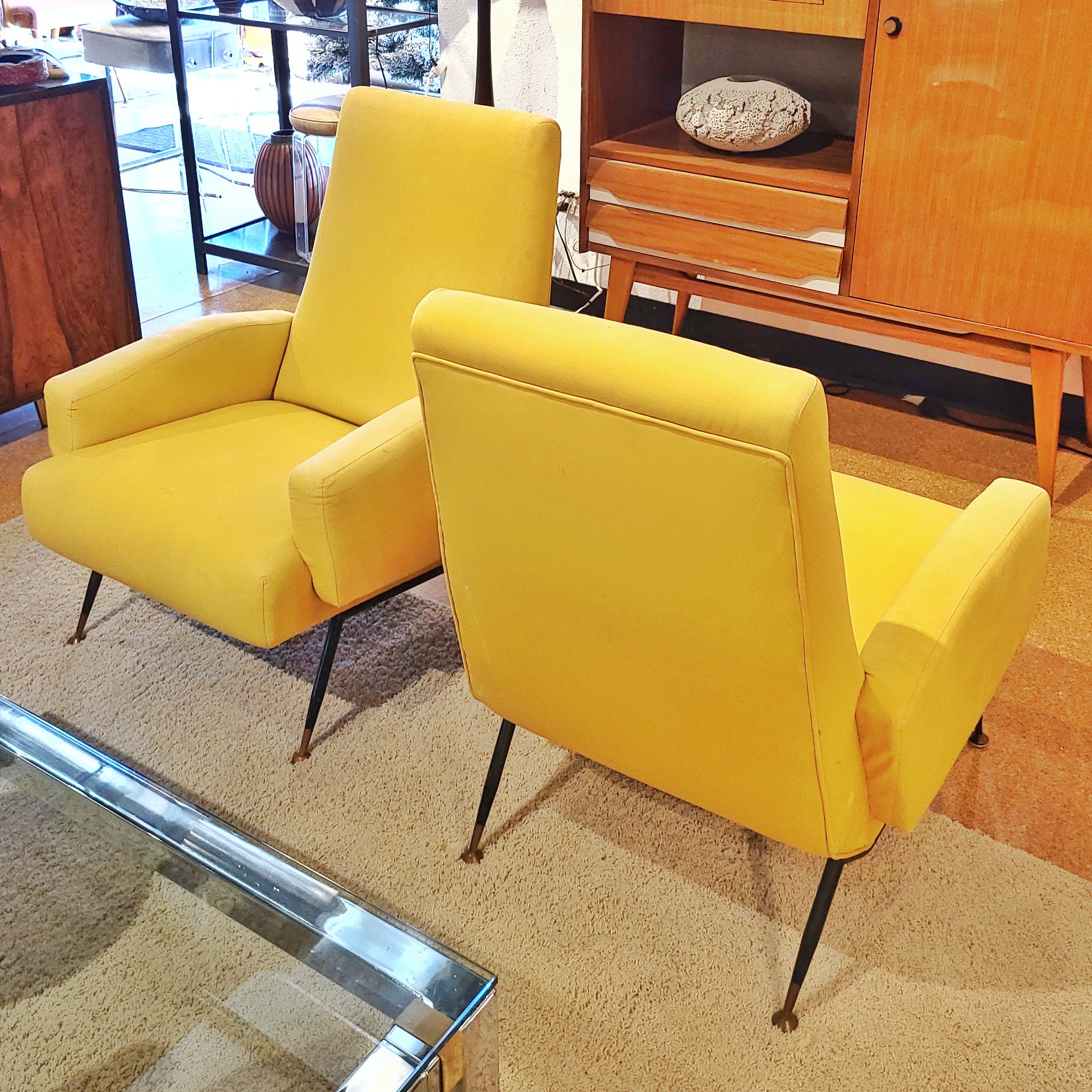 YELLOW ITALIAN LOUNGE CHAIRS ON BLACK ENAMELED STEEL LEGS