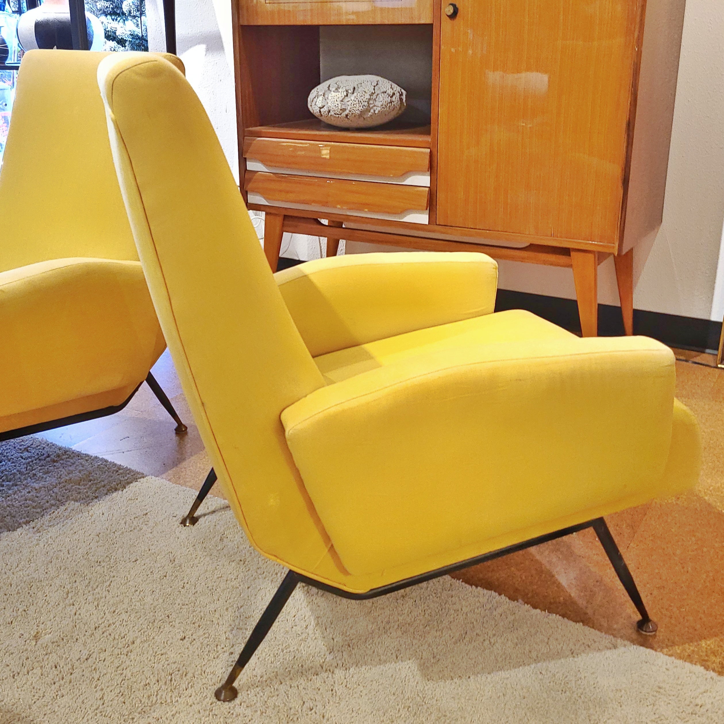 YELLOW ITALIAN LOUNGE CHAIRS ON BLACK ENAMELED STEEL LEGS