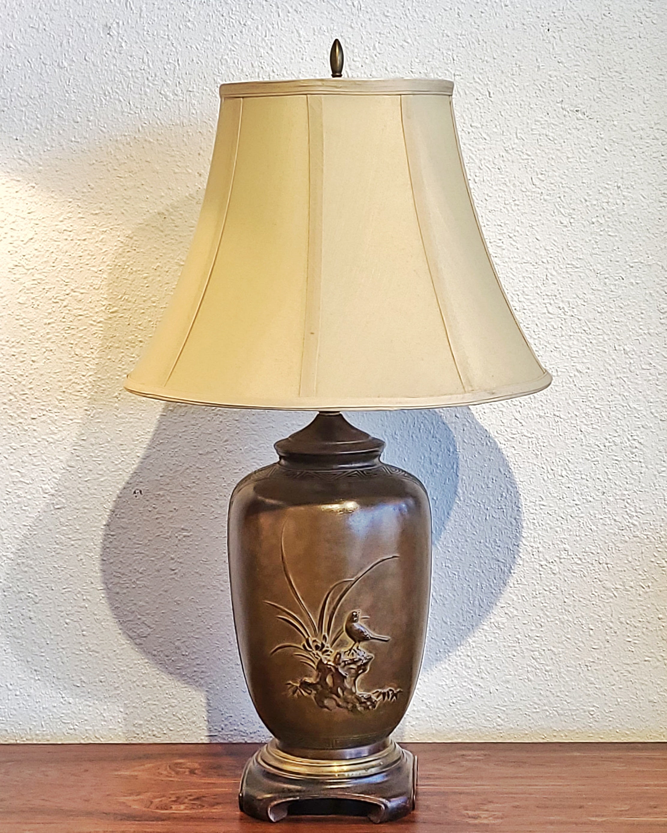 MEIJI PERIOD BRONZE BAS-RELIEF VASE TURNED LAMP