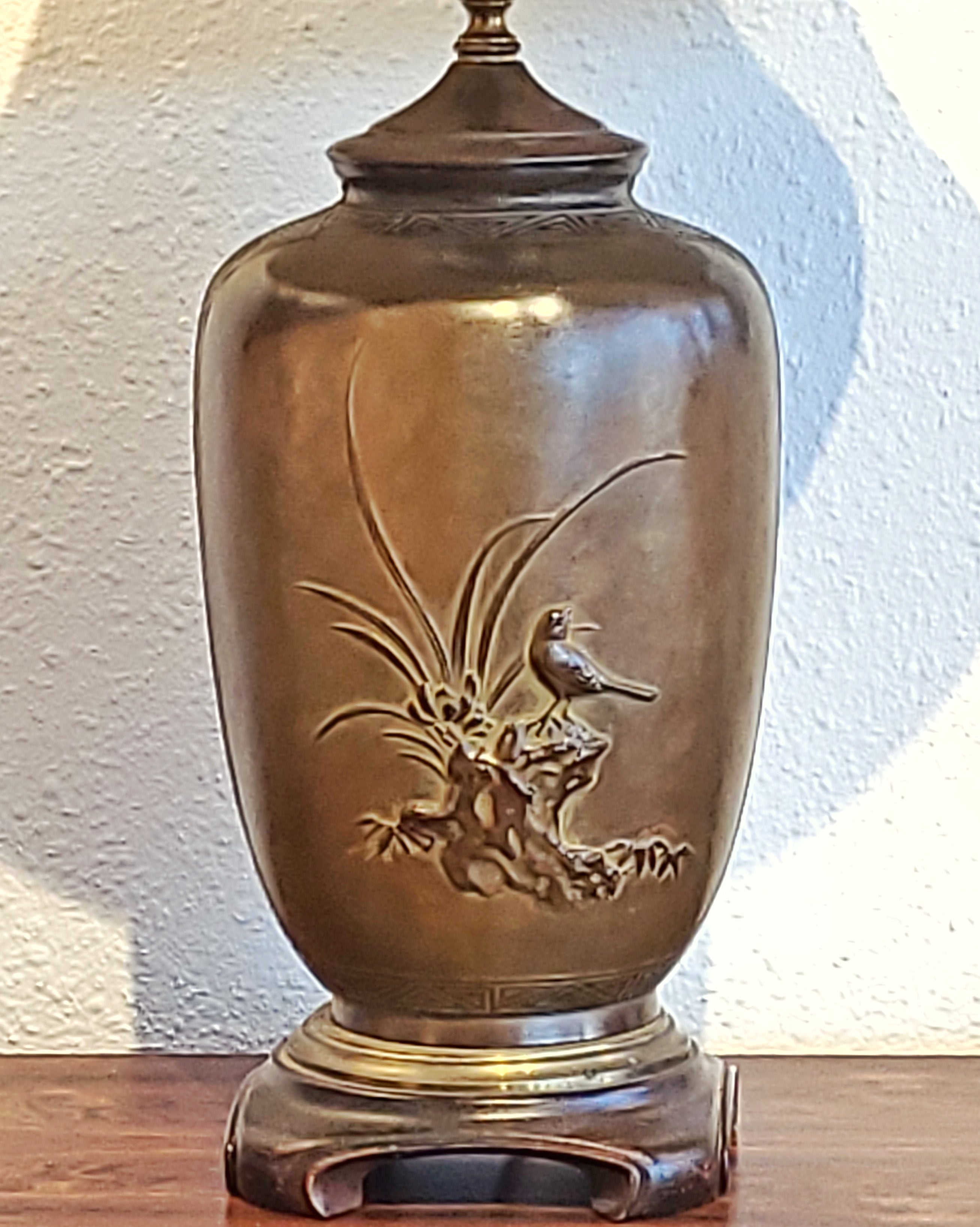 MEIJI PERIOD BRONZE BAS-RELIEF VASE TURNED LAMP