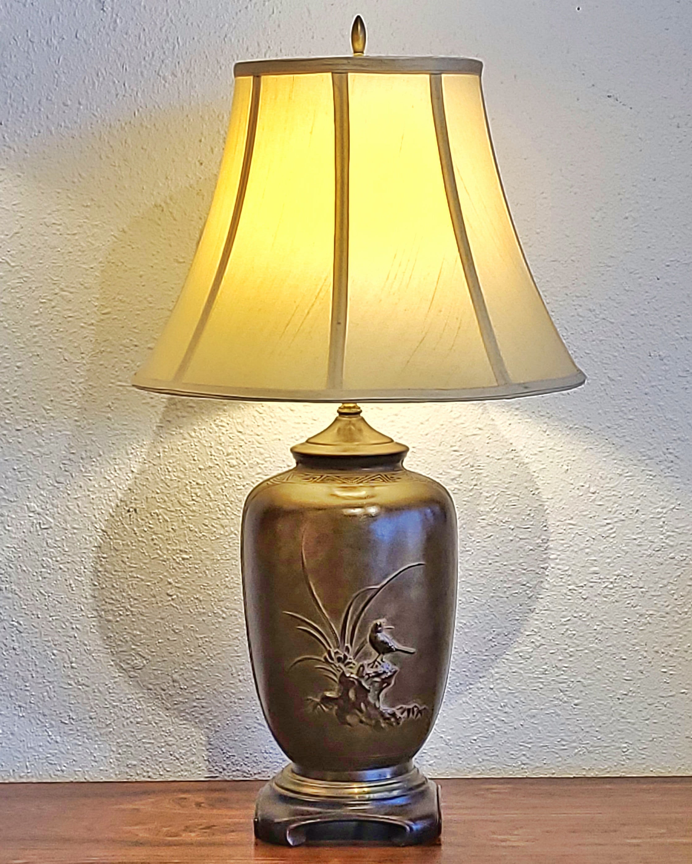 MEIJI PERIOD BRONZE BAS-RELIEF VASE TURNED LAMP